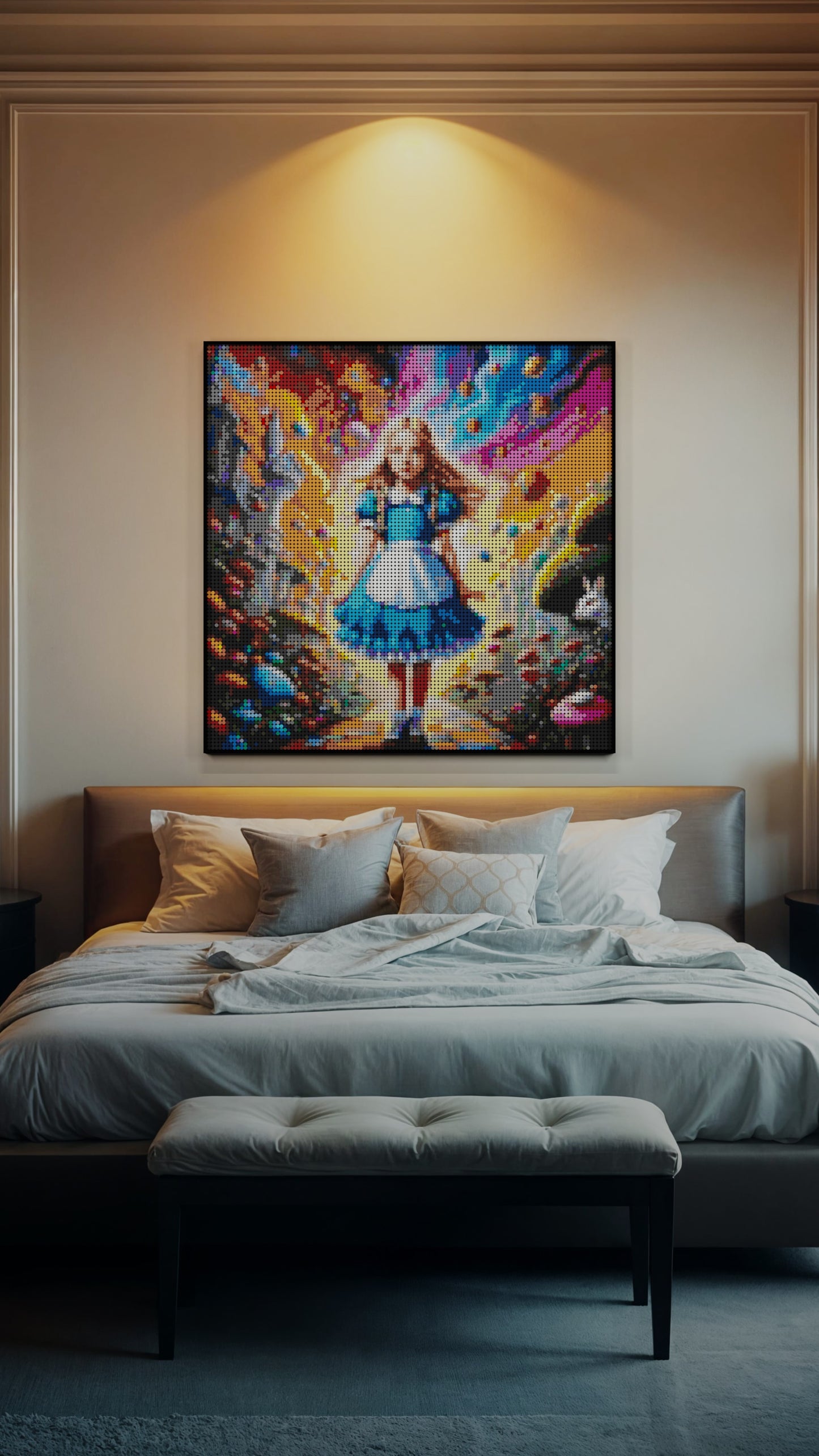 Alice in Wonderland LEGO® Style mosaic wall art made from colorful plastic bricks