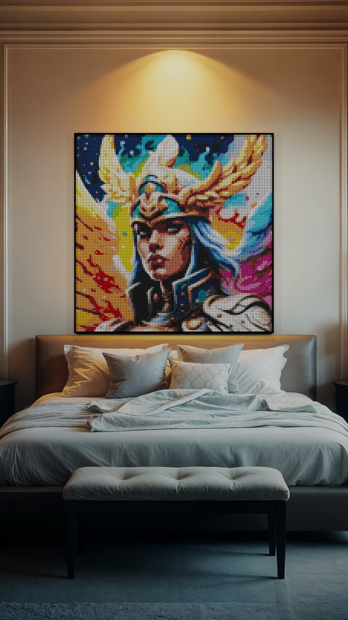 Valkyrie Vibrance LEGO® Style mosaic wall art made from colorful plastic bricks