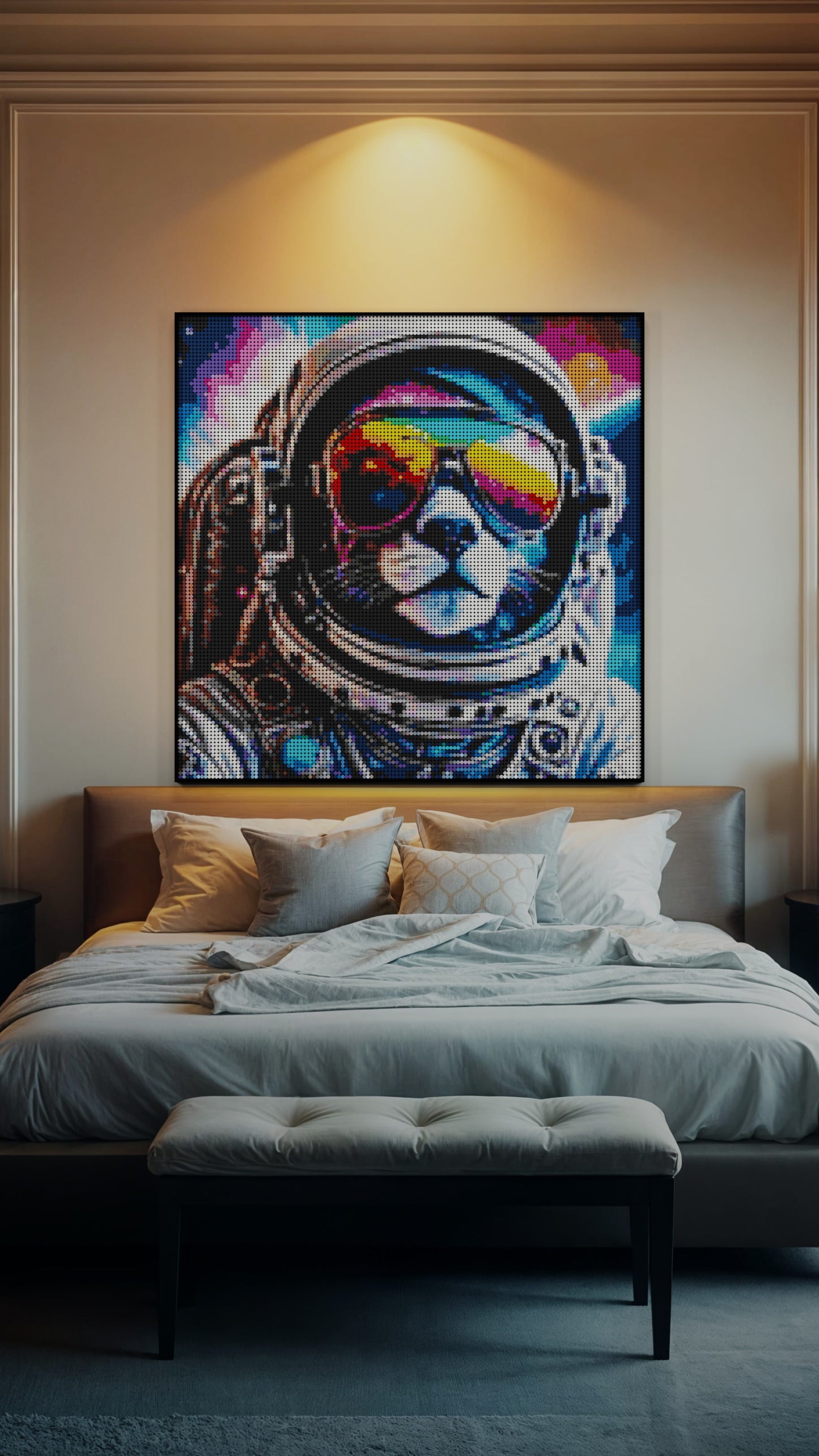 Purrsuit of Space LEGO® Style mosaic wall art made from colorful plastic bricks