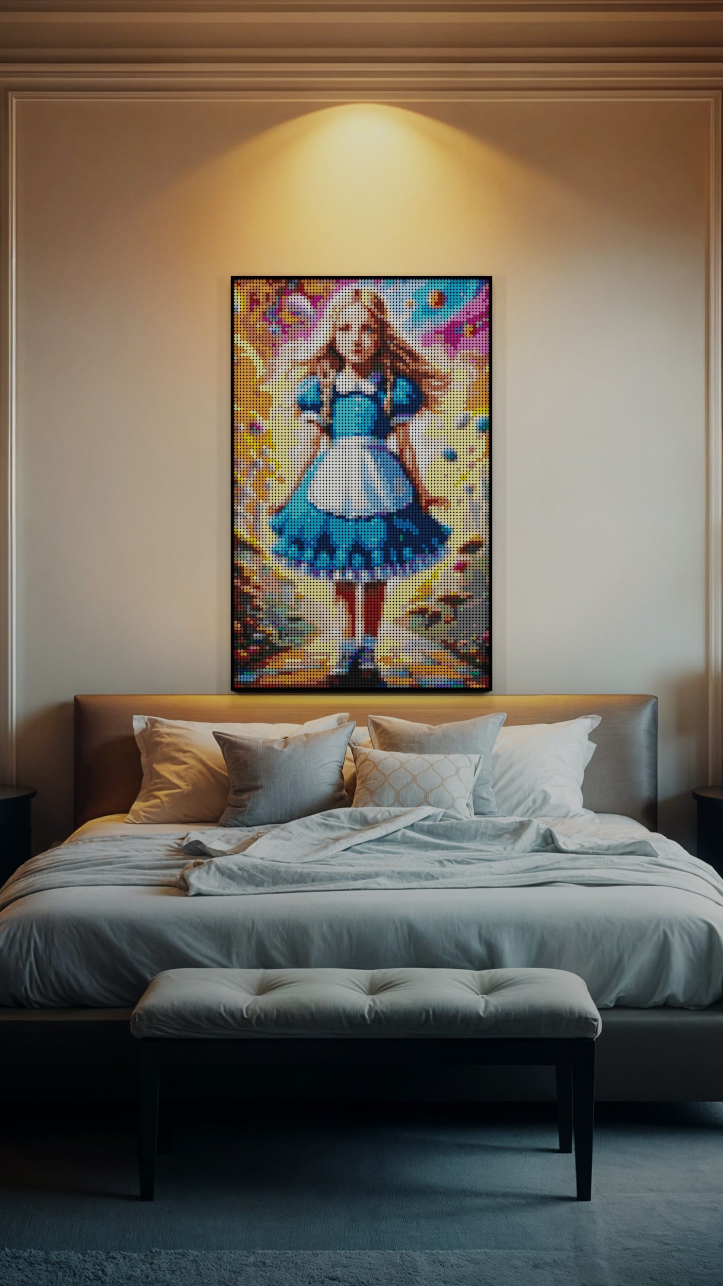 Alice in Wonderland LEGO® Style mosaic wall art made from colorful plastic bricks