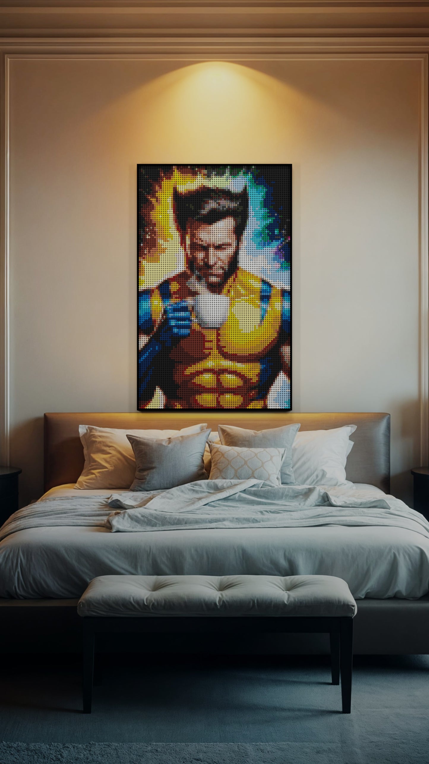 Wolverine LEGO® Style mosaic wall art made from colorful plastic bricks