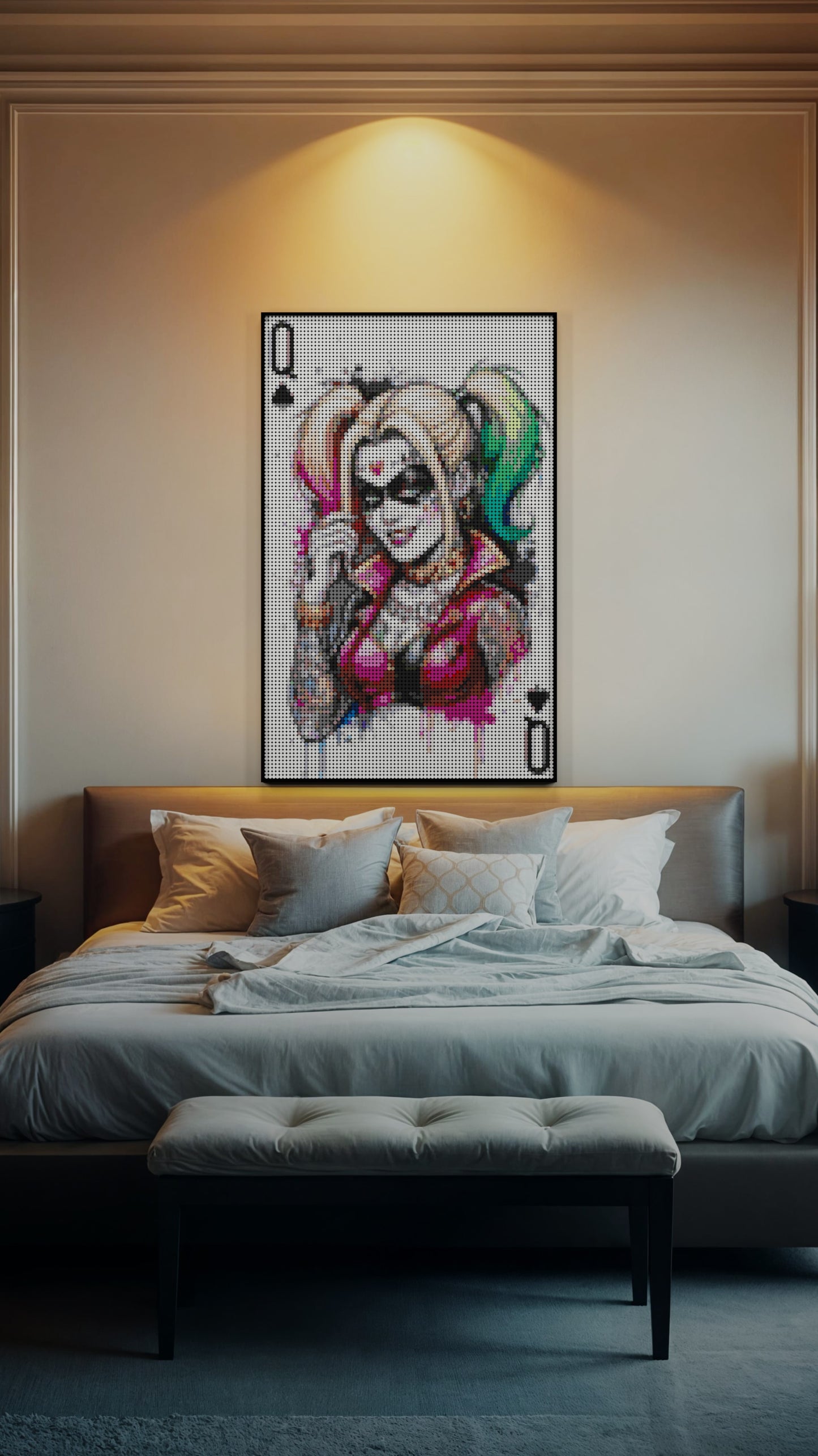 Harley Quinn DC Joker LEGO® Style mosaic wall art made from colorful plastic bricks