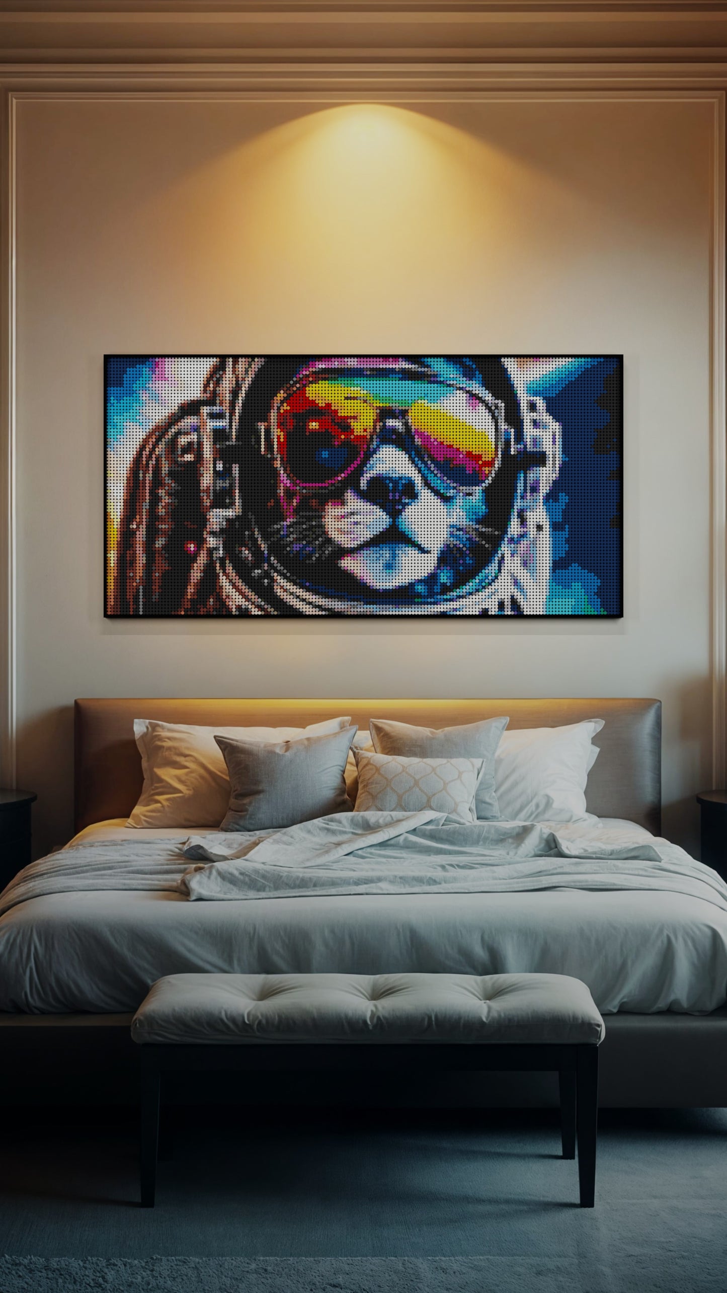 Purrsuit of Space LEGO® Style mosaic pixel art design for display