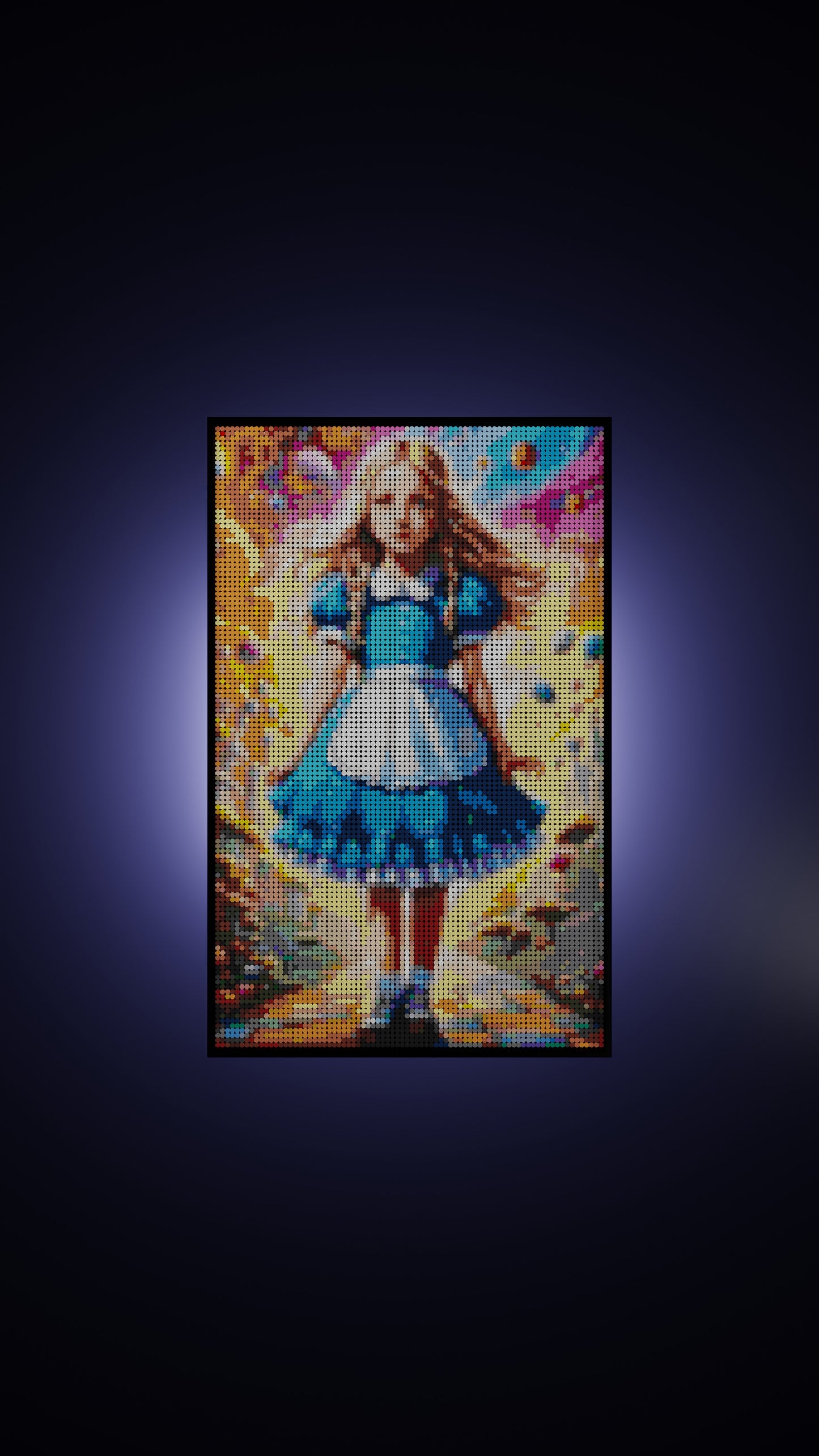 Alice in Wonderland LEGO® Style mosaic wall art made from colorful plastic bricks