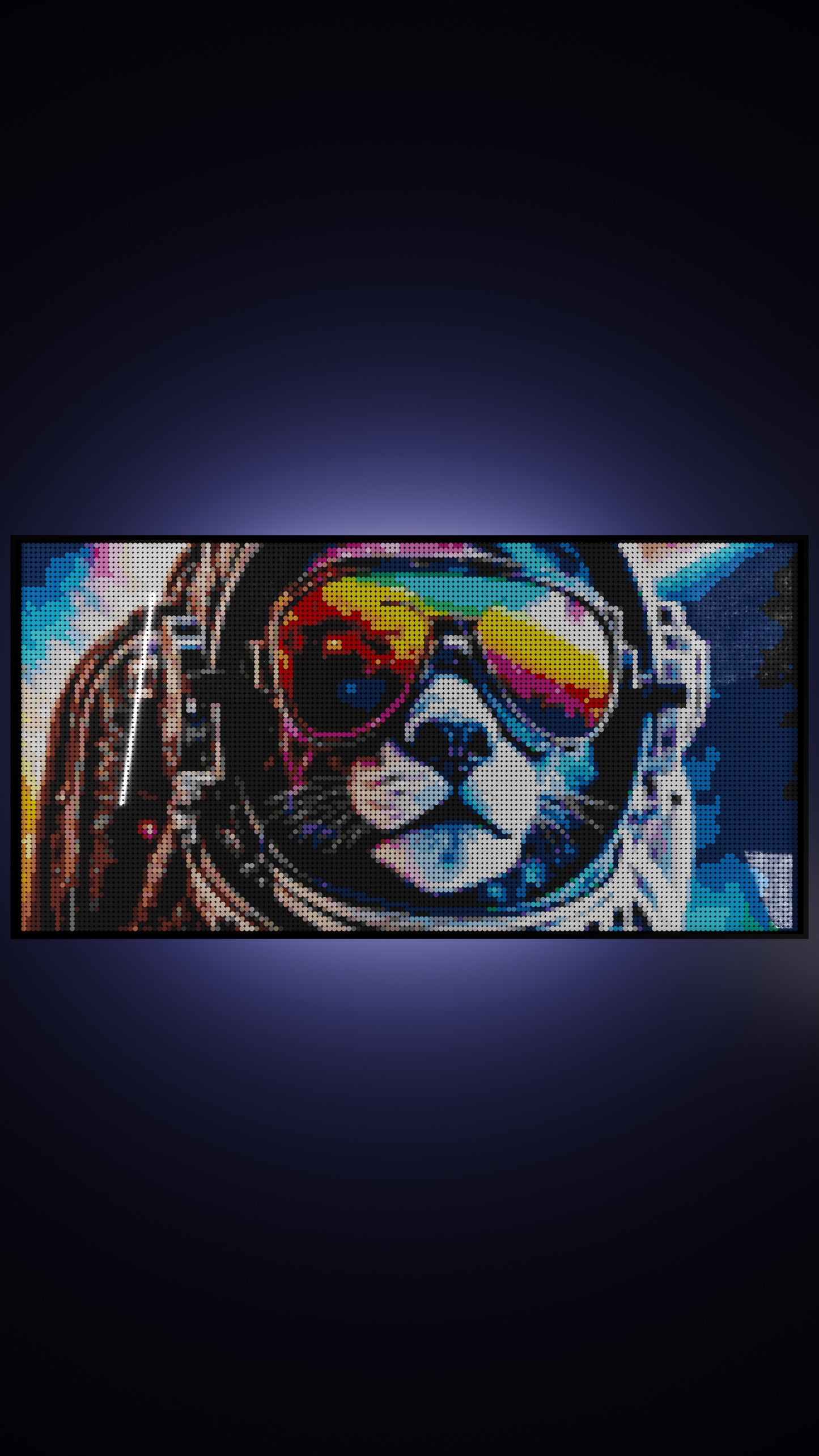 Purrsuit of Space LEGO® Style mosaic wall art made from colorful plastic bricks
