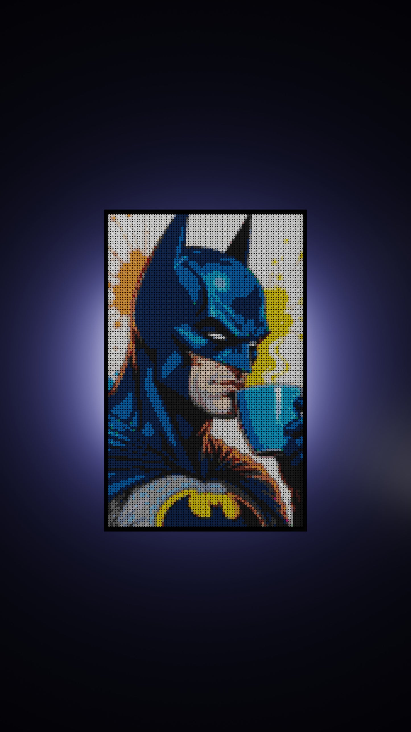 Batman LEGO® Style mosaic wall art made from colorful plastic bricks