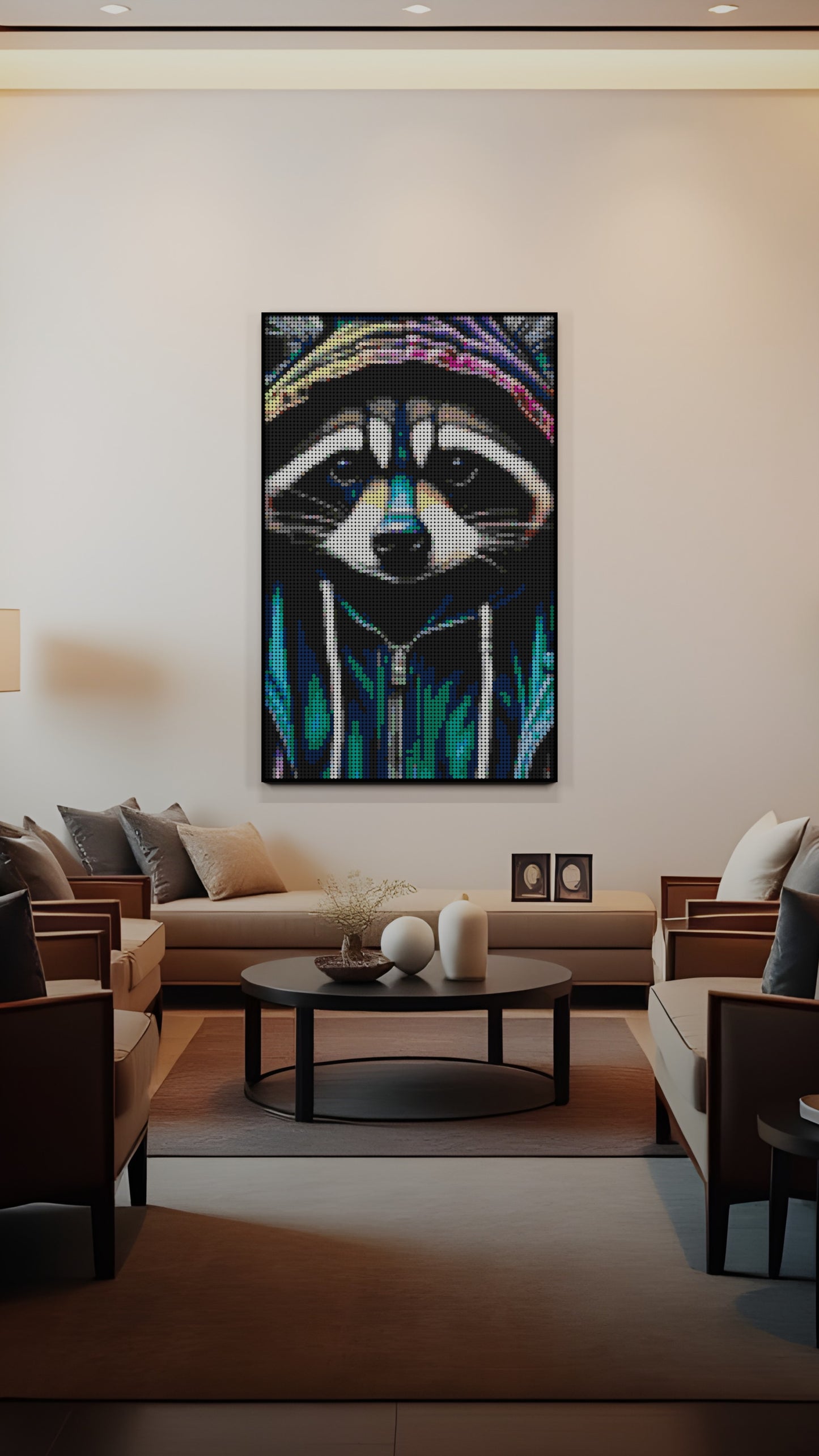 Raccoonaissance LEGO® Style mosaic wall art made from colorful plastic bricks