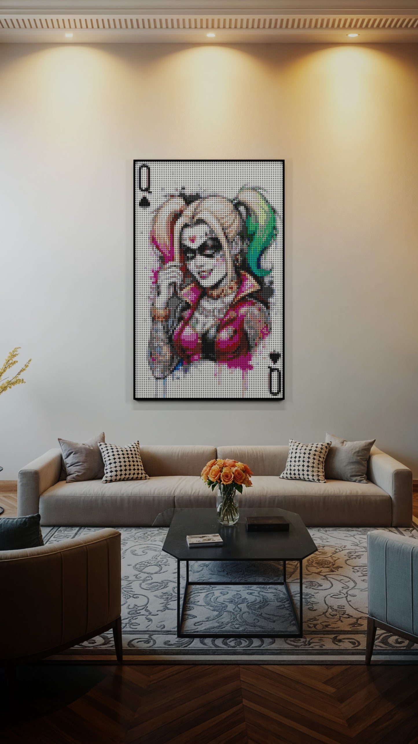 Harley Quinn DC Joker LEGO® Style mosaic wall art made from colorful plastic bricks