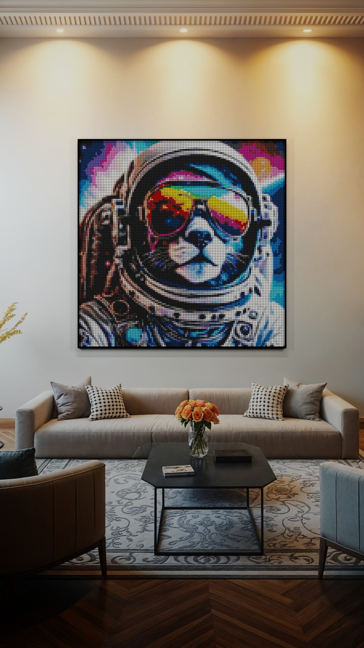 Purrsuit of Space LEGO® Style mosaic wall art made from colorful plastic bricks