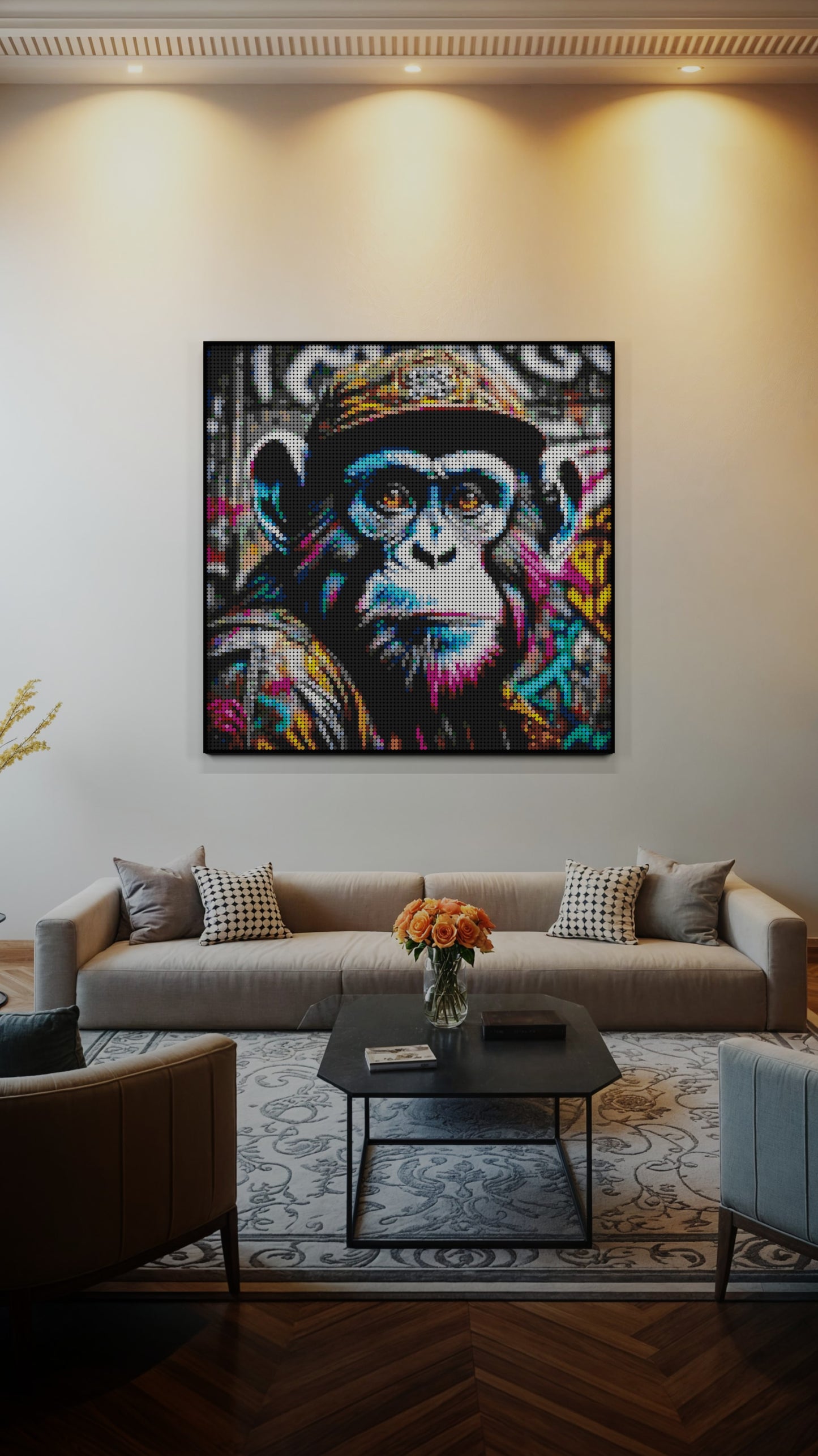 Ape Hop Movement LEGO® Style mosaic wall art made from colorful plastic bricks