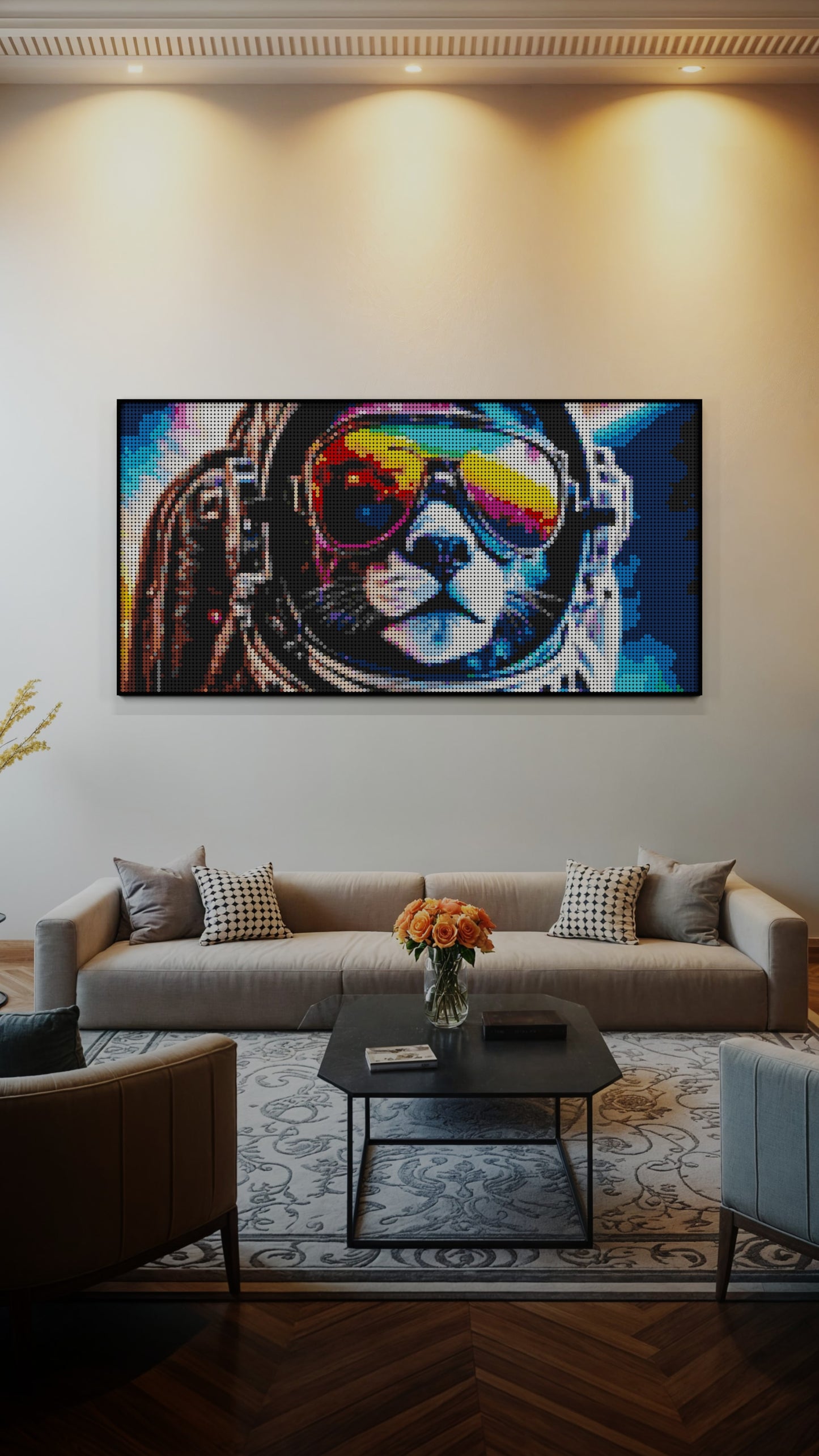 Purrsuit of Space LEGO® Style mosaic wall art made from colorful plastic bricks