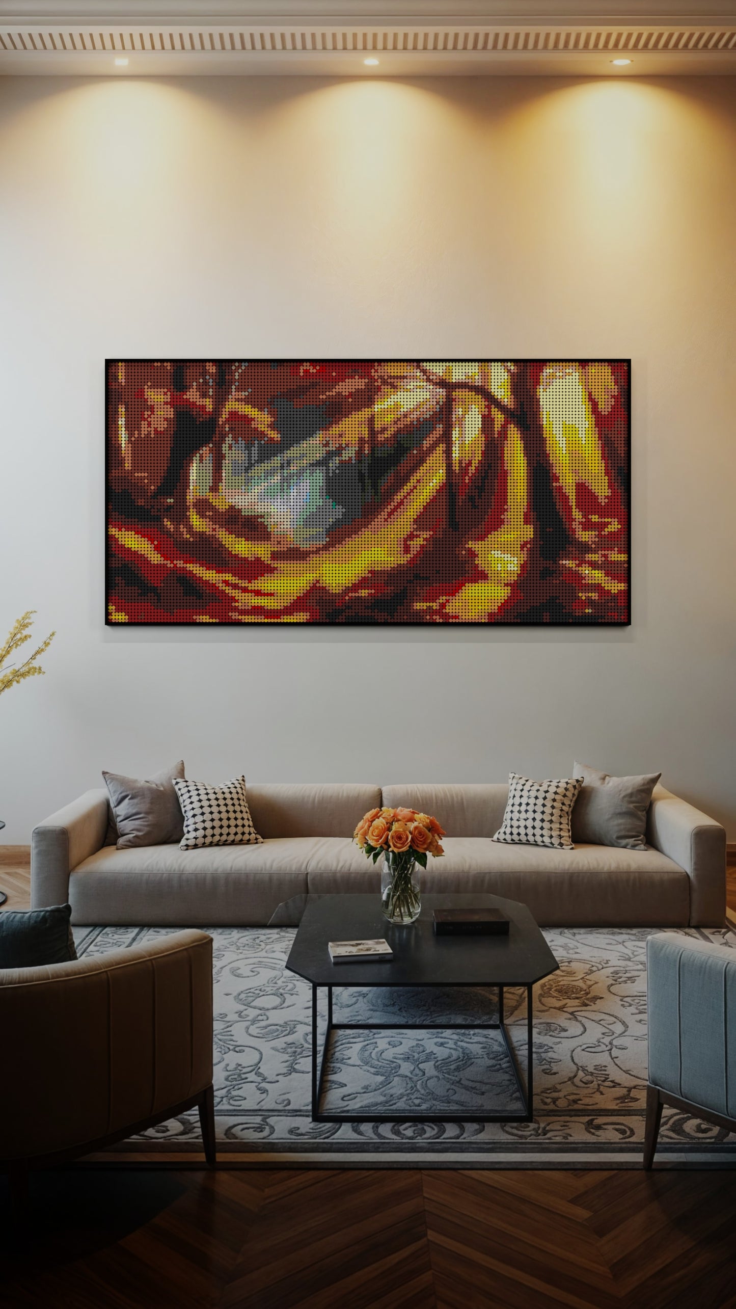Autumn Sun LEGO® Style mosaic wall art made from colorful plastic bricks