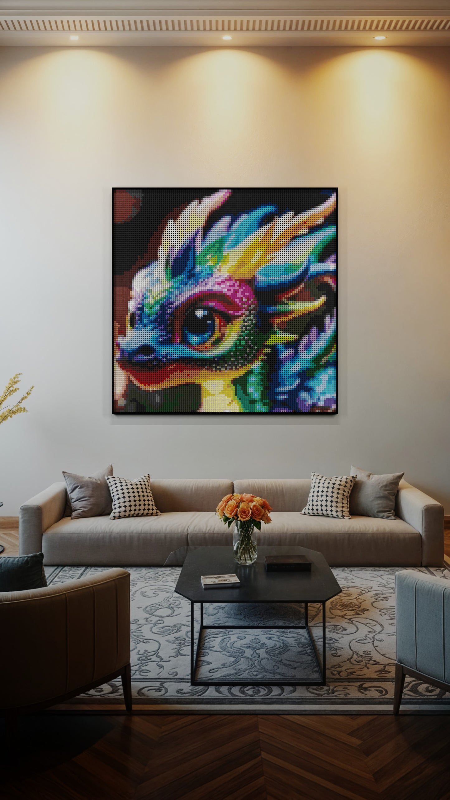 Neon Hatchling LEGO® Style mosaic wall art made from colorful plastic bricks