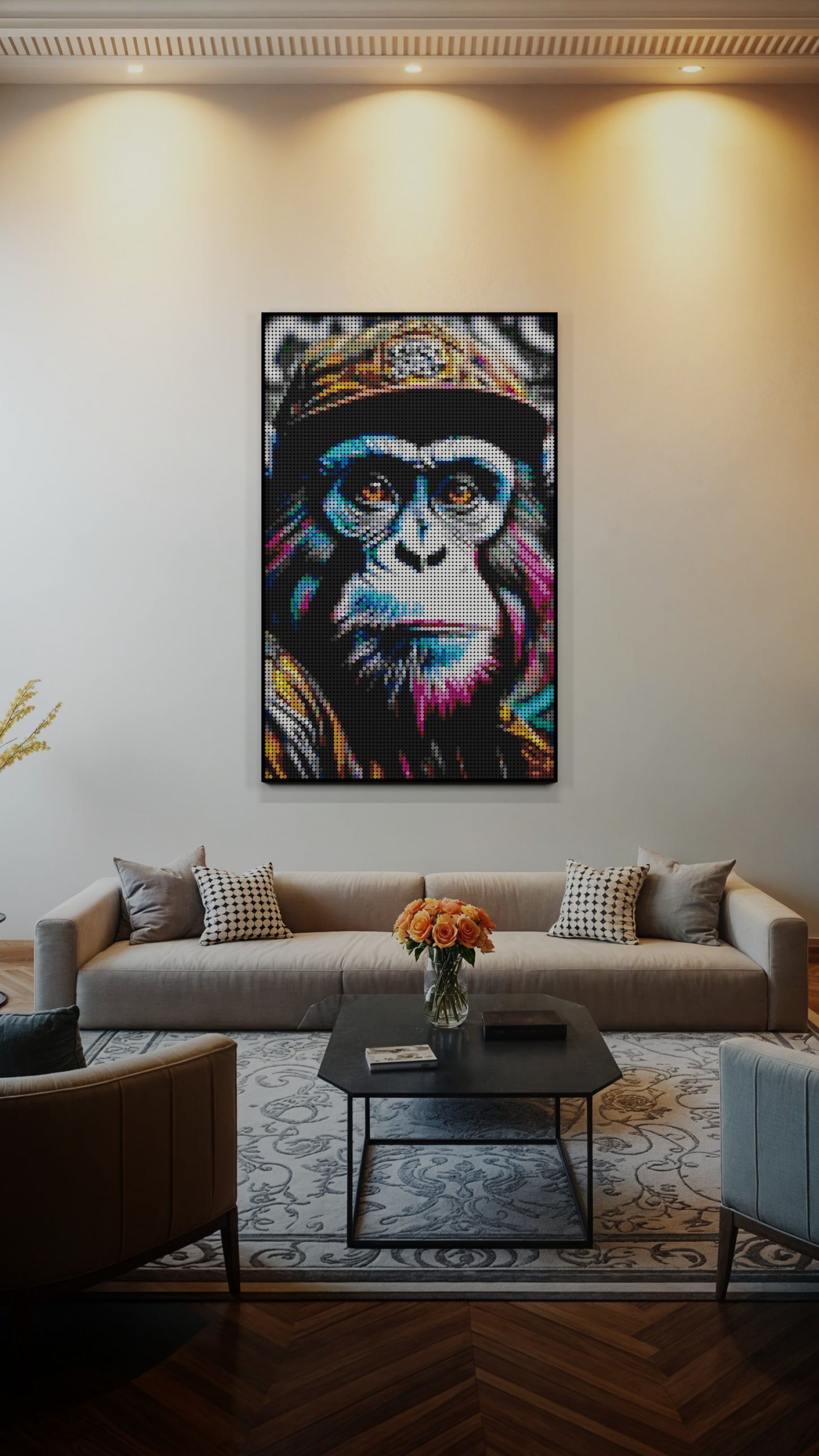 Ape Hop Movement LEGO® Style mosaic wall art made from colorful plastic bricks
