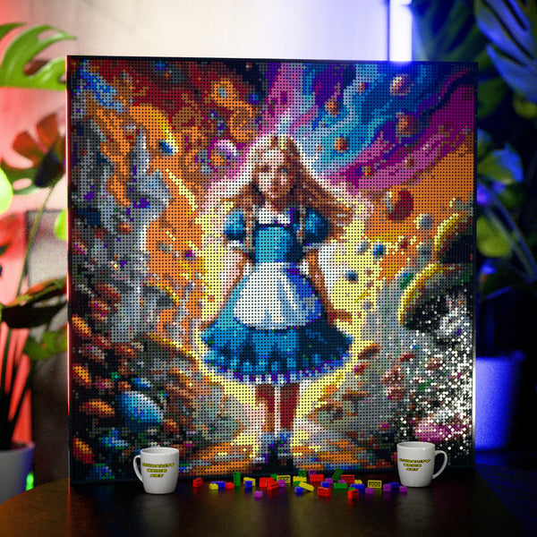 Alice in Wonderland made out of 17,132 LEGO-Compatible bricks on a table with stylish luxury studio background.