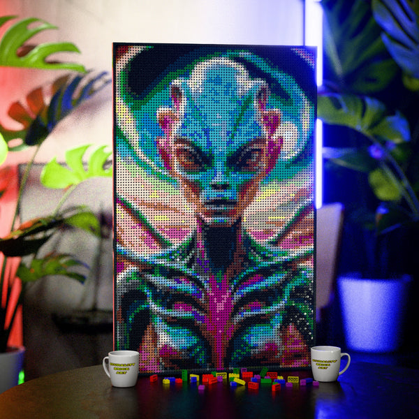 Alien on an alien world made out of 10,769 LEGO-Compatible bricks on a table with stylish luxury studio background.