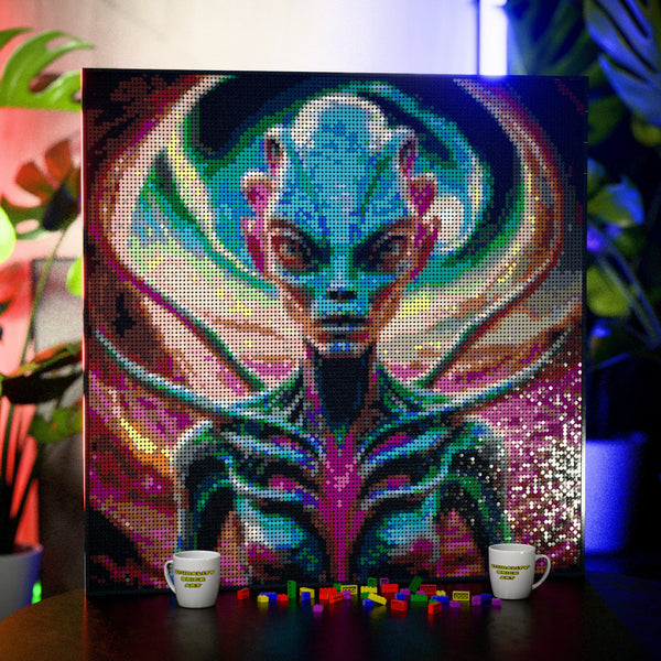 Alien on an alien world made out of 17,132 LEGO-Compatible bricks on a table with stylish luxury studio background.