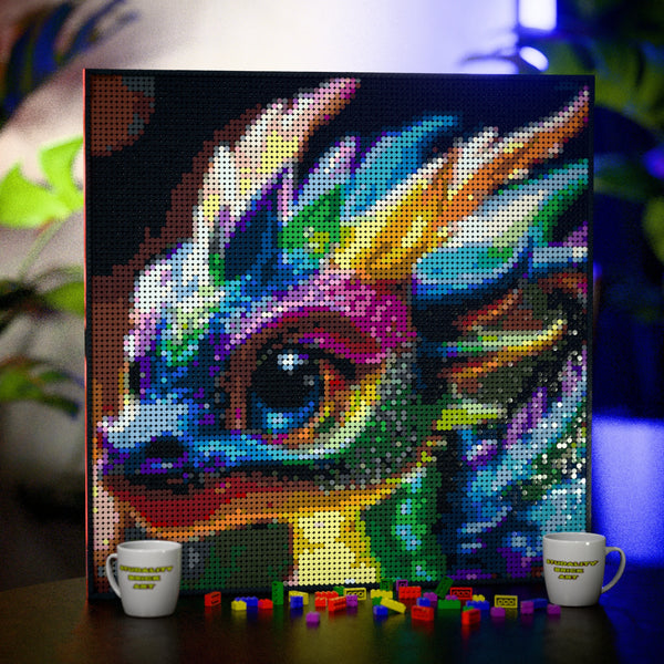 Baby Dragon made out of 9,700 LEGO-Compatible bricks on a table with stylish luxury studio background.