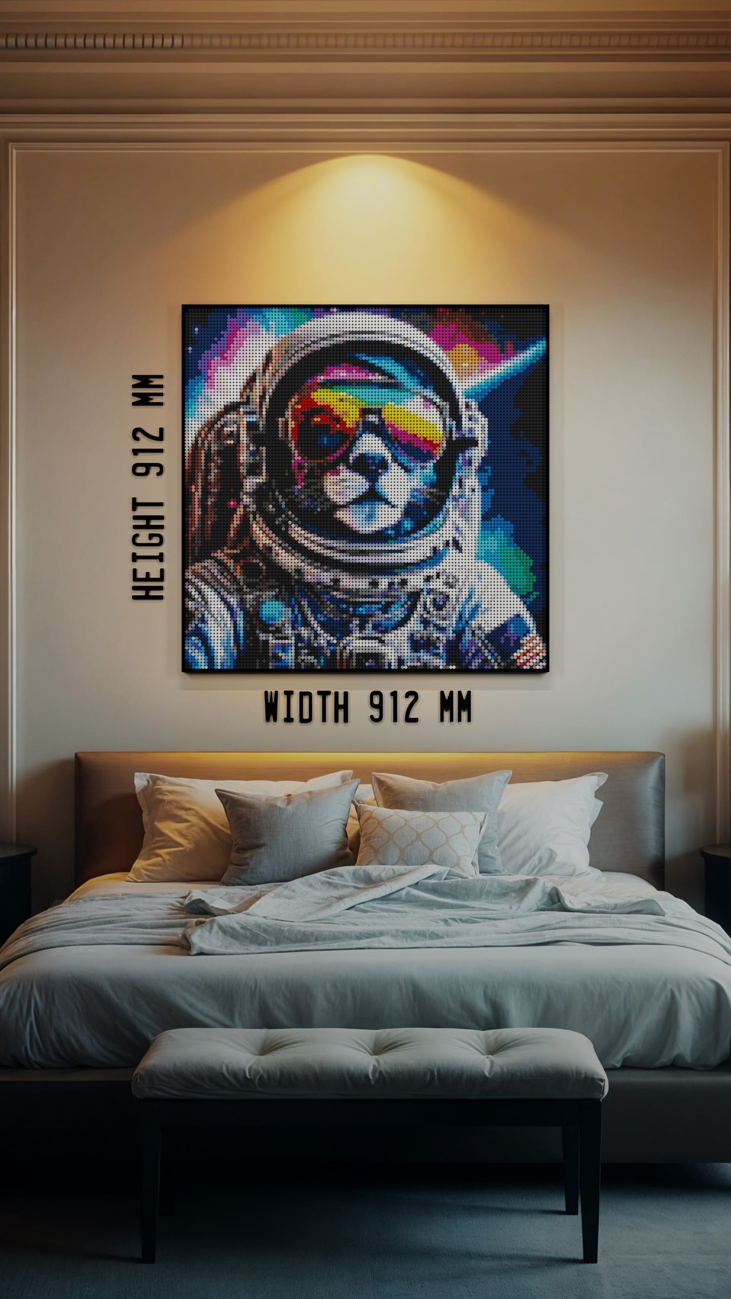 Purrsuit of Space LEGO® Style mosaic wall art made from colorful plastic bricks