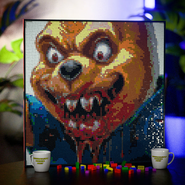 Evil Whinnie the Pooh made out of 9,700 LEGO-Compatible bricks on a table with stylish luxury studio background.