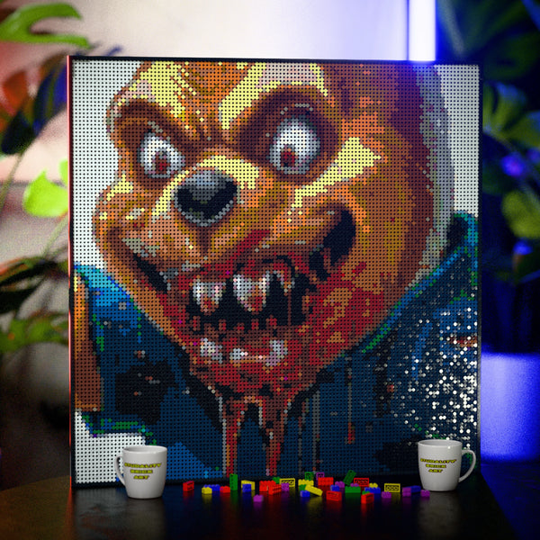 Evil Whinnie the Pooh made out of 13,153 LEGO-Compatible bricks on a table with stylish luxury studio background.