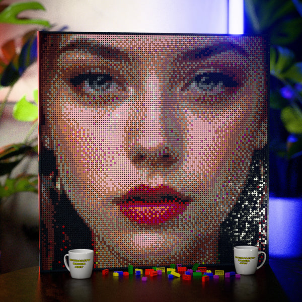 Eye Model Woman made out of 13,153 LEGO-Compatible bricks on a table with stylish luxury studio background.