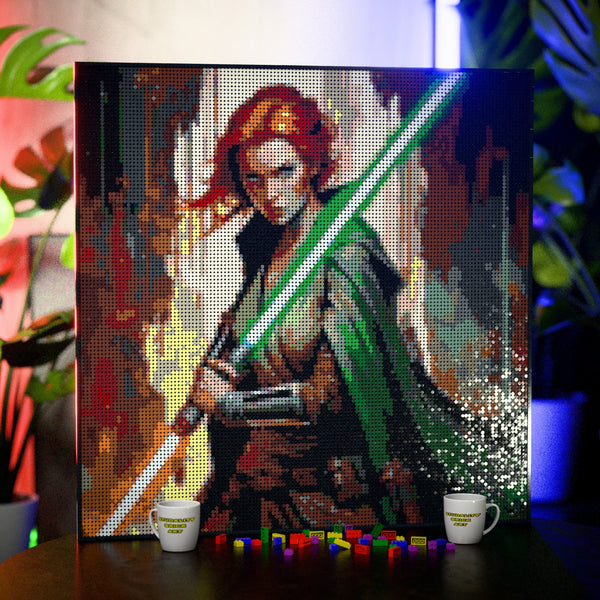 Light Sword Woman made out of 17,132 LEGO-Compatible bricks on a table with stylish luxury studio background.