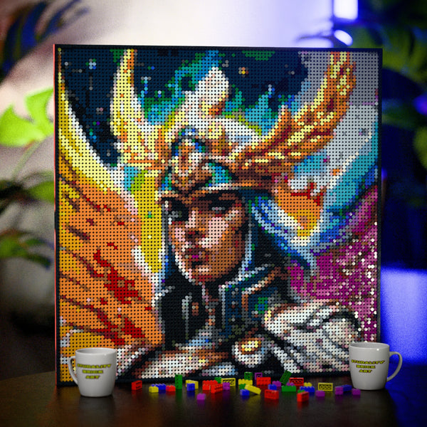 Odin's Valkyrie made out of 9,700 LEGO-Compatible bricks on a table with stylish luxury studio background.