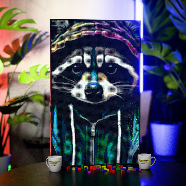 Raccoon in an Hoodie made out of 10,769 LEGO-Compatible bricks on a table with stylish luxury studio background.