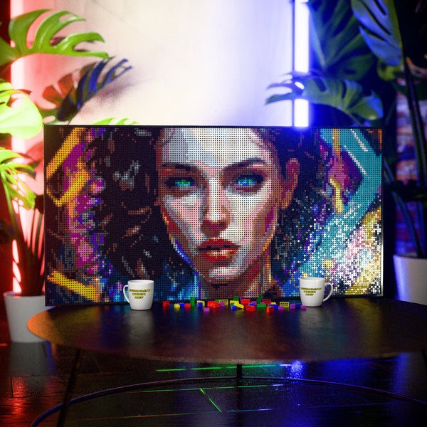 Rave Woman made out of 13,433 LEGO-Compatible bricks on a table with stylish luxury studio background.