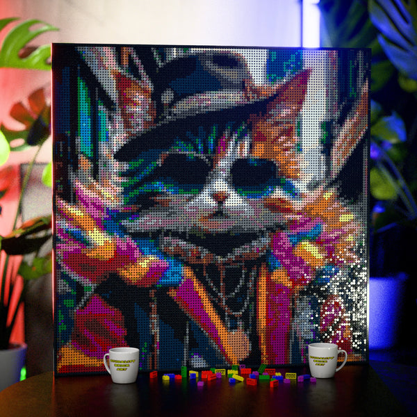 Silly Fashionable Cat Person made out of 17,132 LEGO-Compatible bricks on a table with stylish luxury studio background.