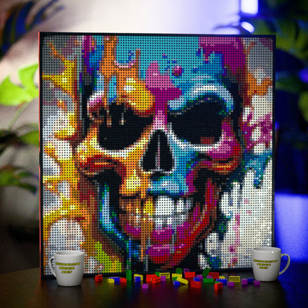 Skull Art made out of 9,700 LEGO-Compatible bricks on a table with stylish luxury studio background.
