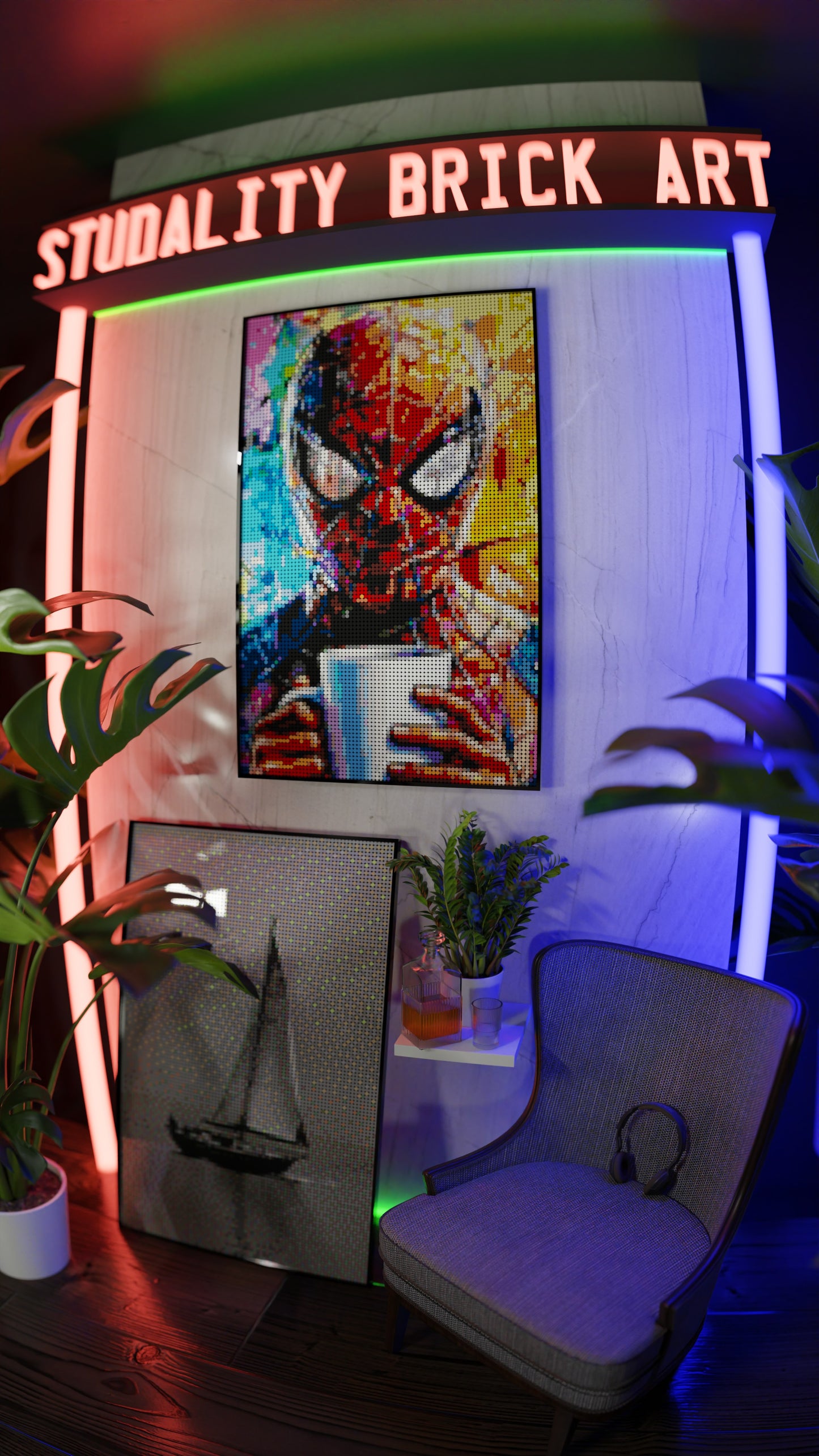 Spiderman LEGO® Style mosaic wall art made from colorful plastic bricks
