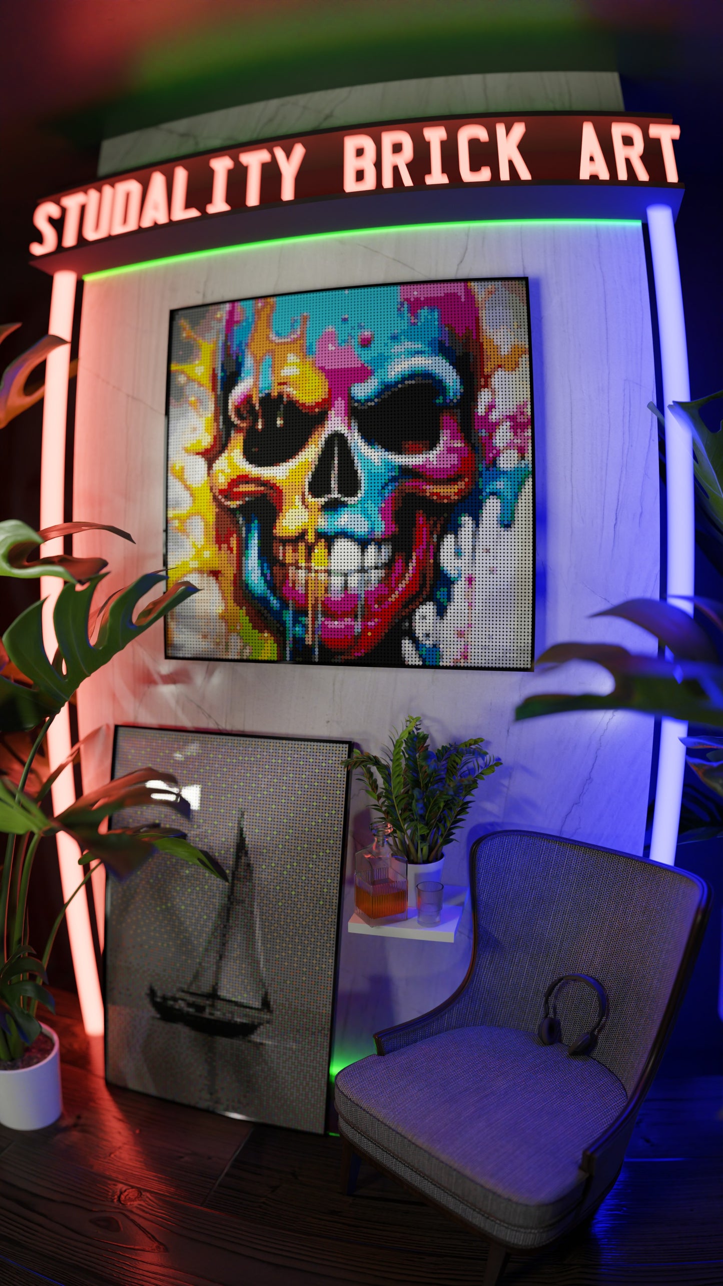 Vivid Decay LEGO® Style mosaic wall art made from colorful plastic bricks