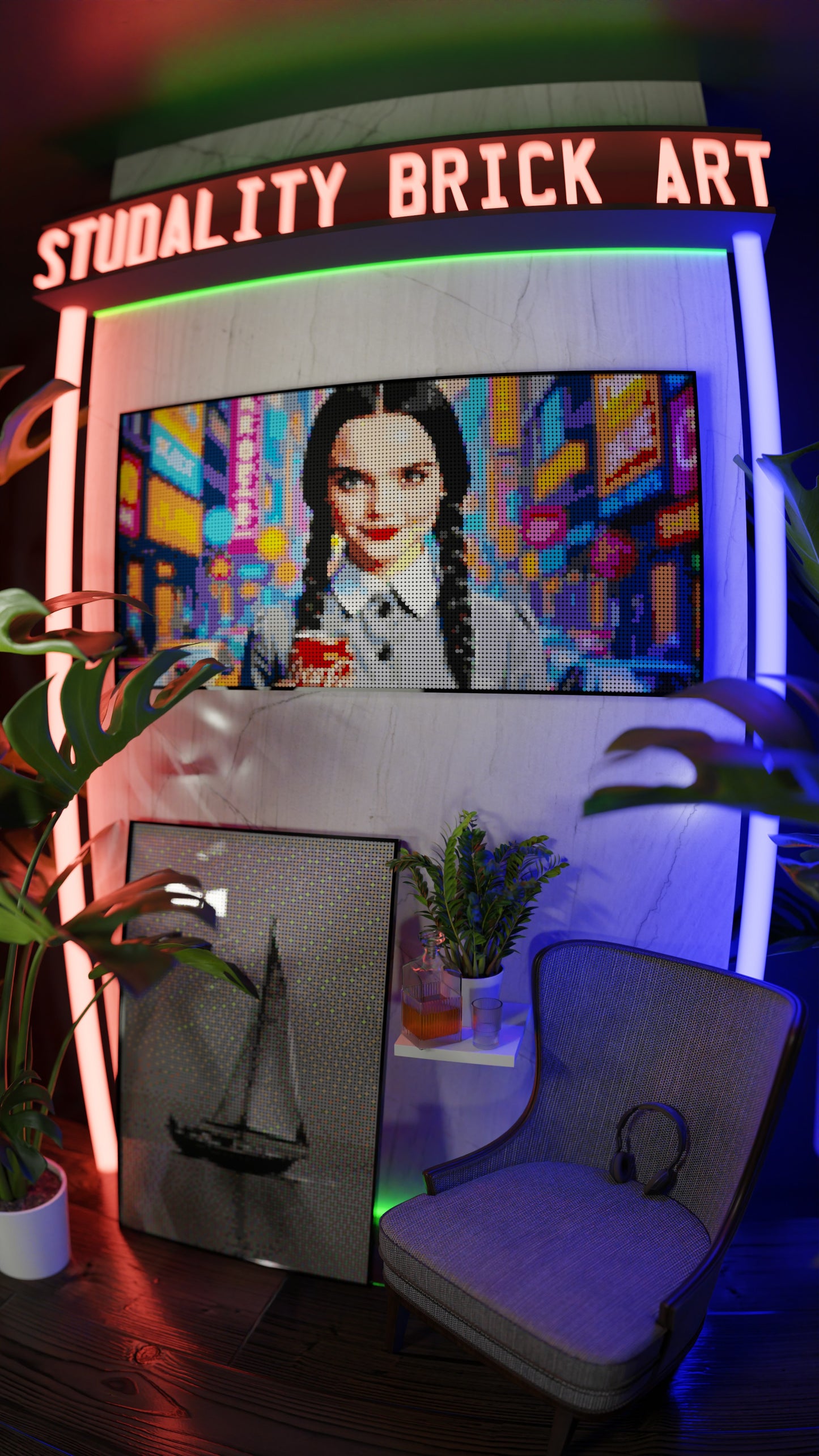 Wednesday Addams LEGO® Style mosaic wall art made from colorful plastic bricks