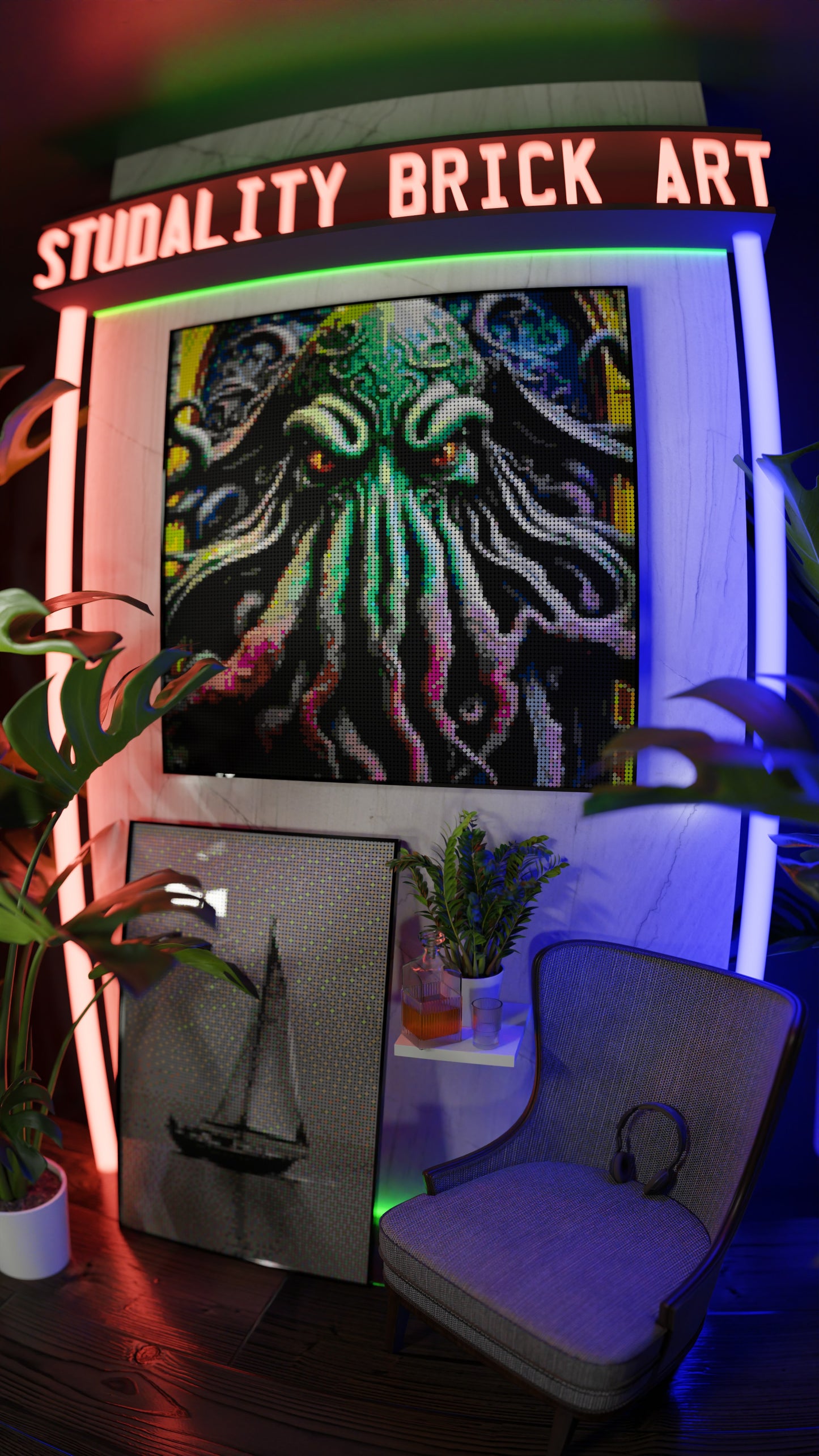 Arrival of Cthulhu LEGO® Style mosaic wall art made from colorful plastic bricks