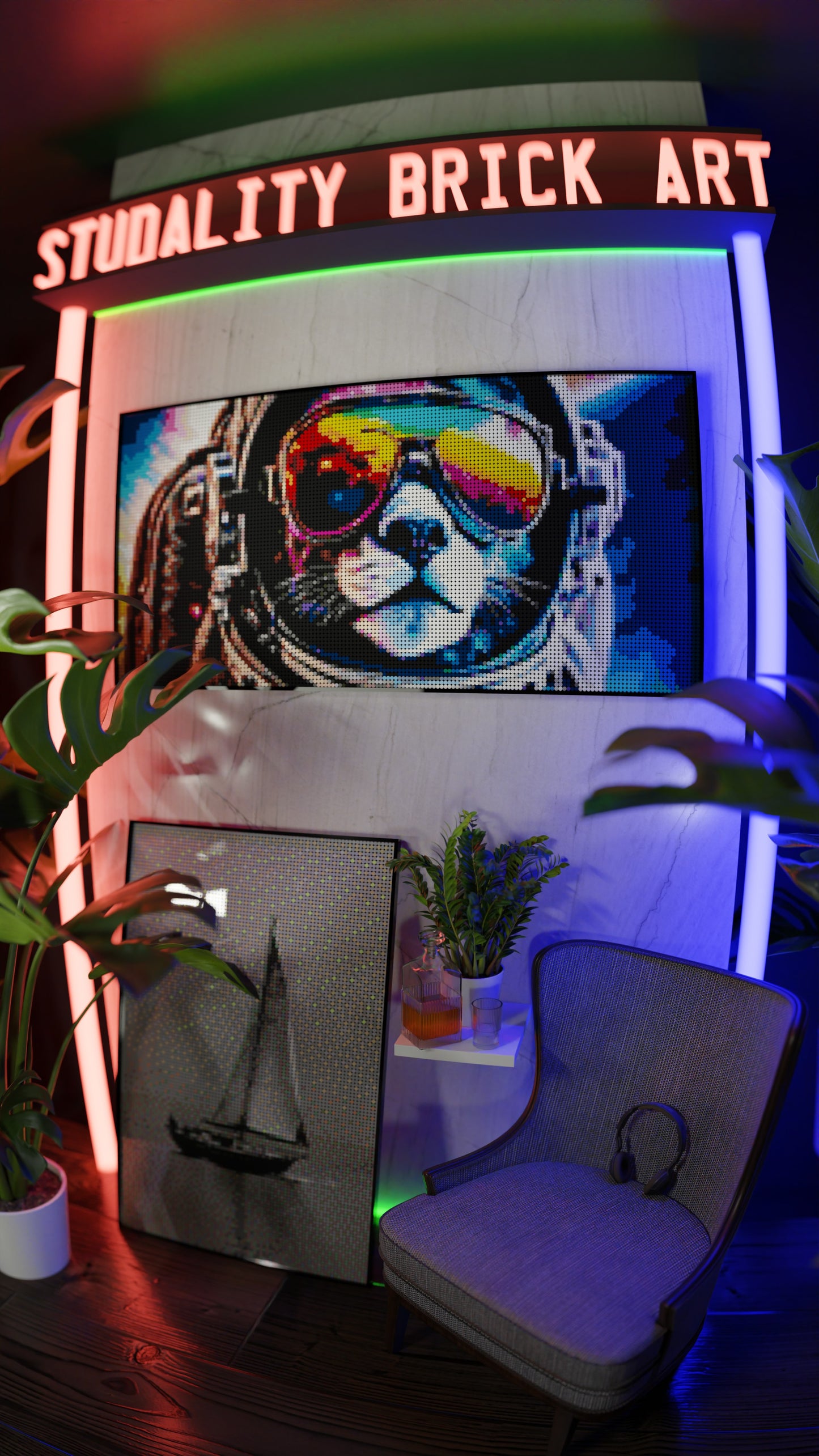 Purrsuit of Space LEGO® Style mosaic pixel art design for display