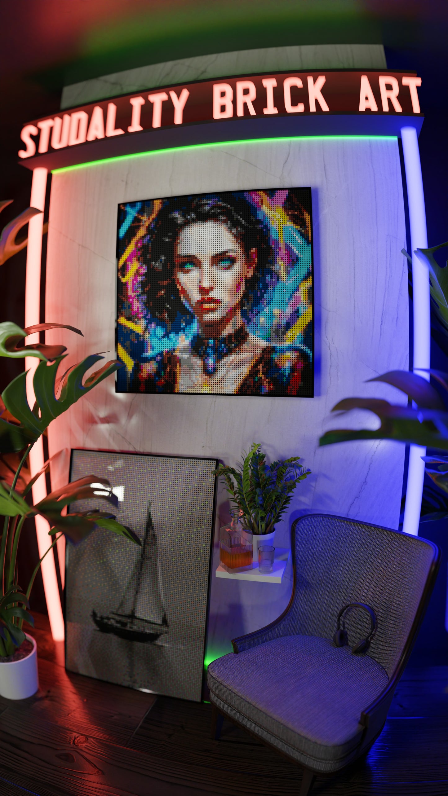 Temporal Ravette LEGO® Style mosaic wall art made from colorful plastic bricks