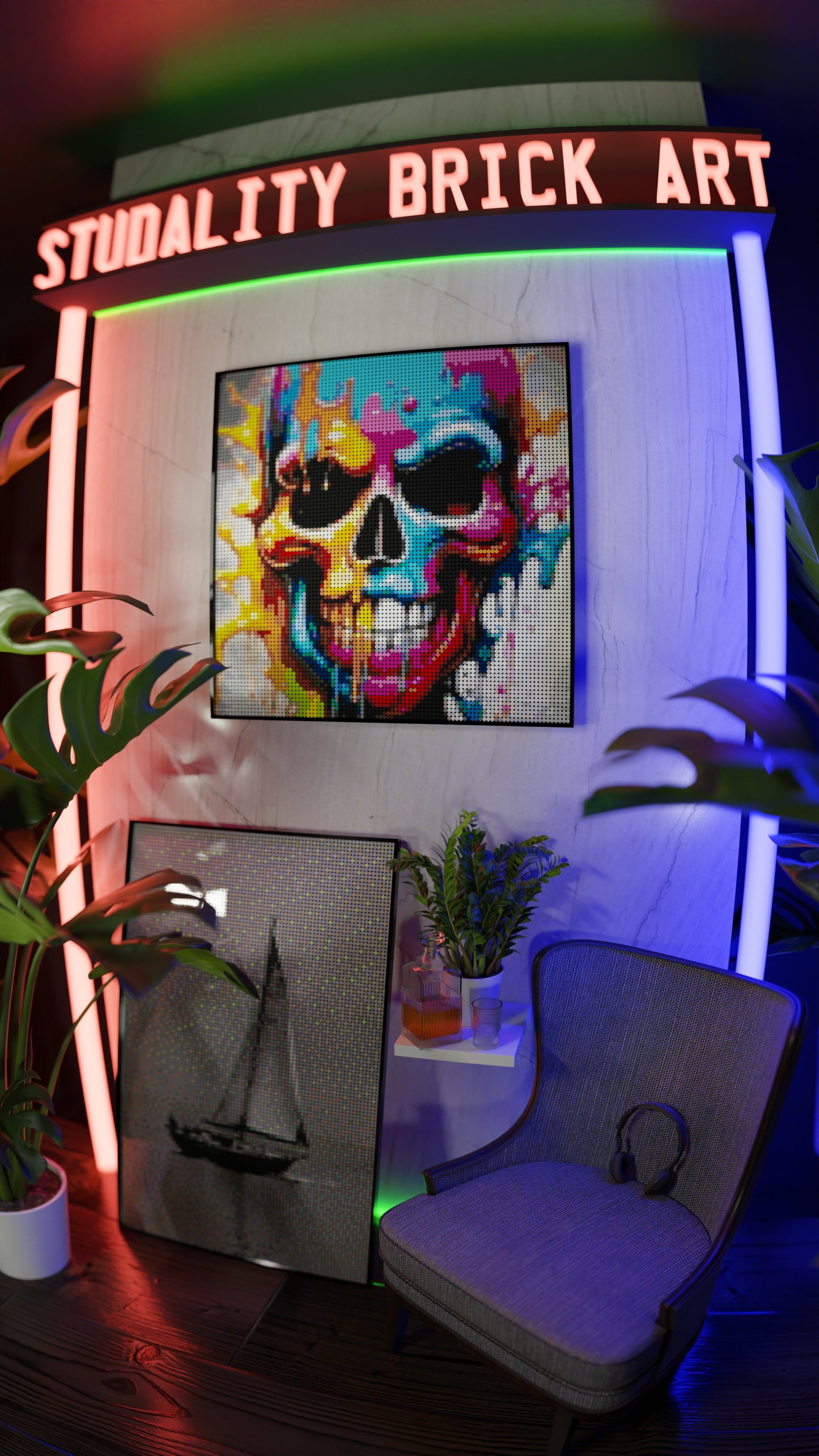 Vivid Decay LEGO® Style mosaic wall art made from colorful plastic bricks