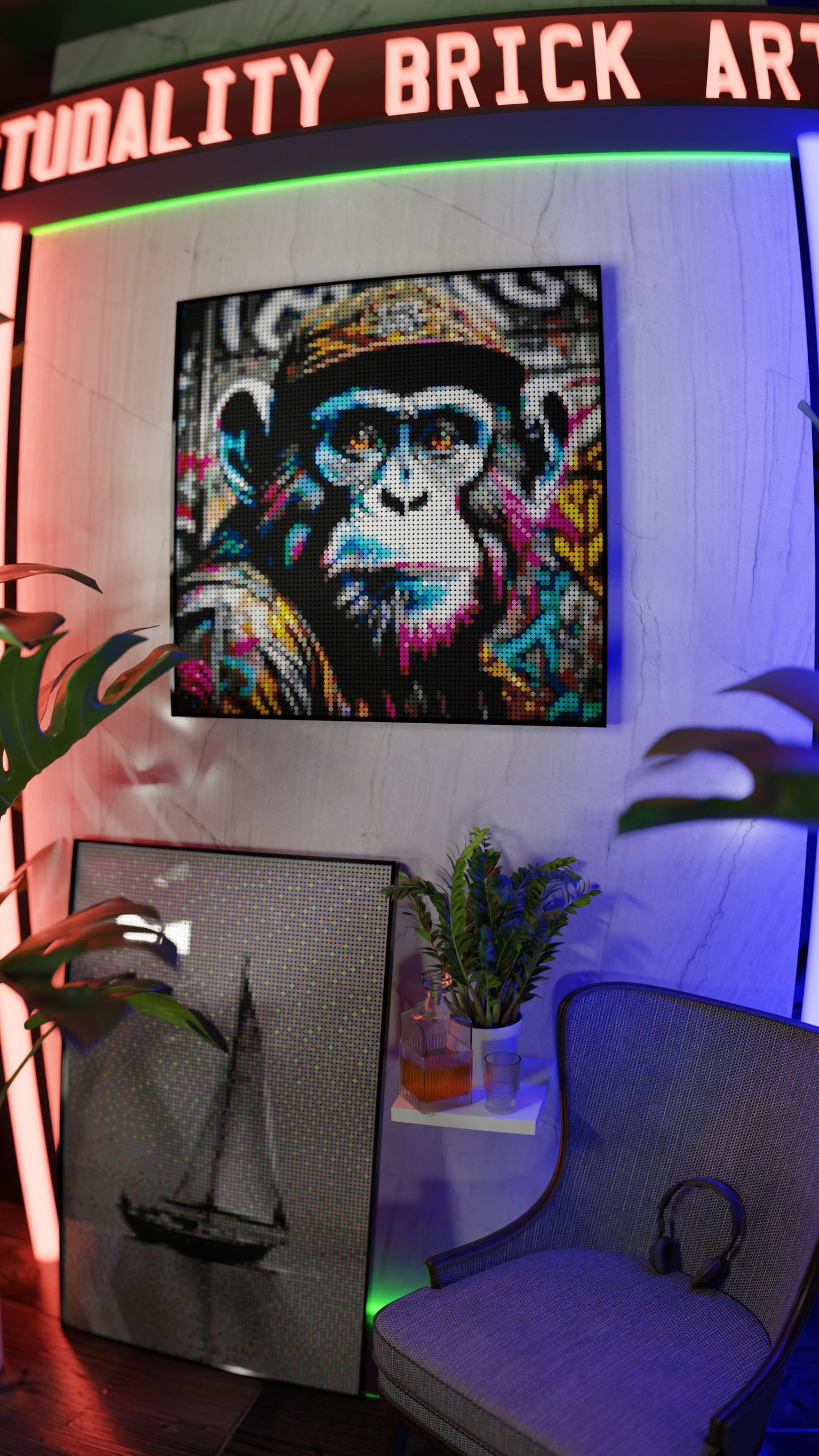 Ape Hop Movement LEGO® Style mosaic wall art made from colorful plastic bricks