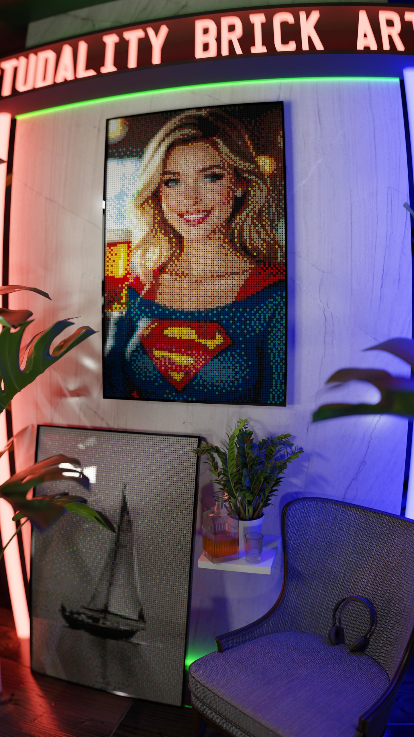 Supergirl DC LEGO® Style mosaic wall art made from colorful plastic bricks