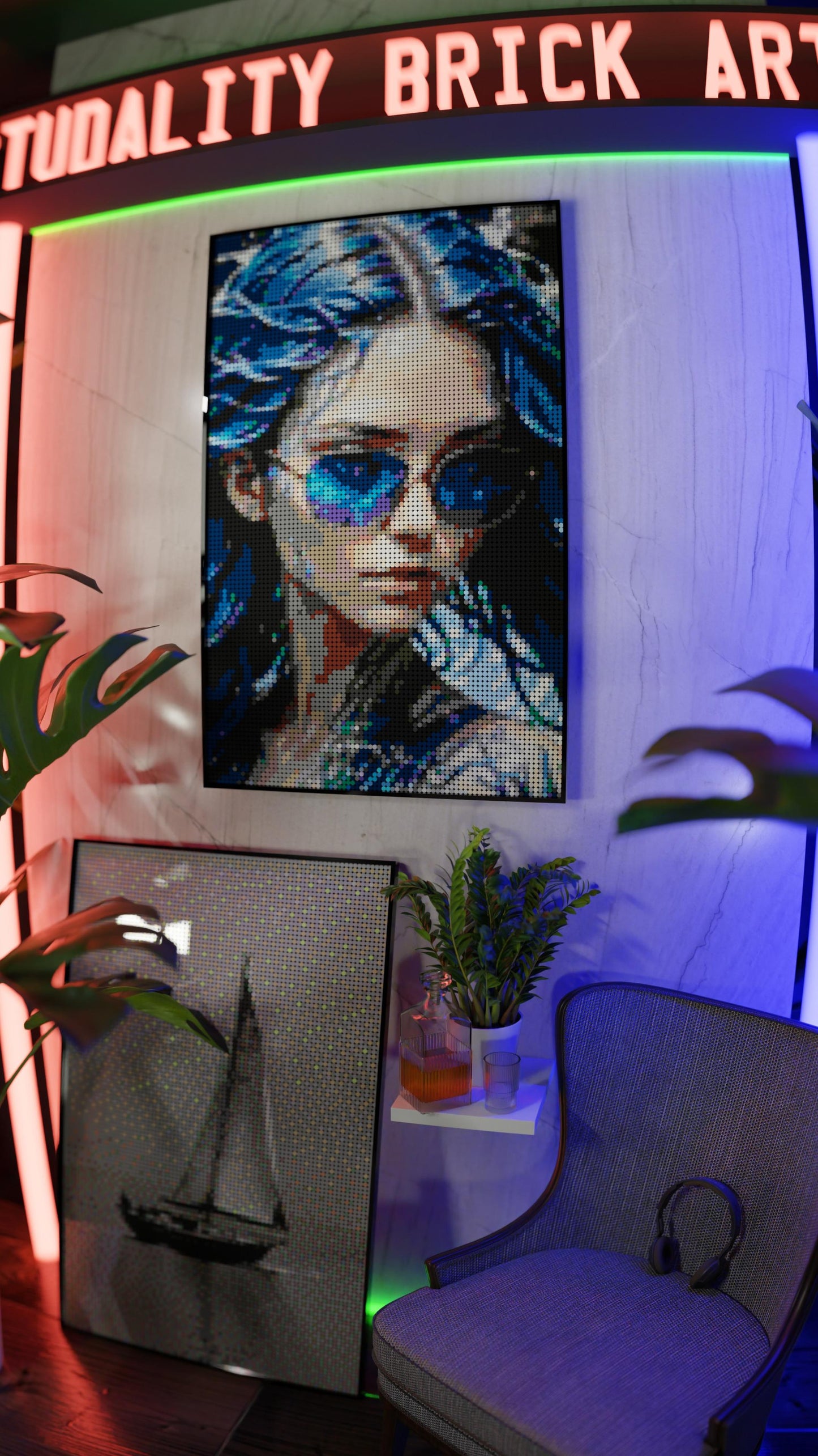 Aqua Enchantress LEGO® Style mosaic wall art made from colorful plastic bricks