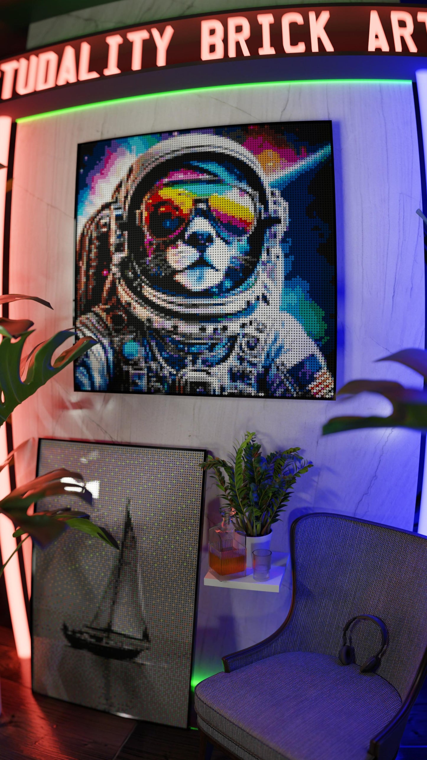 Purrsuit of Space LEGO® Style mosaic wall art made from colorful plastic bricks