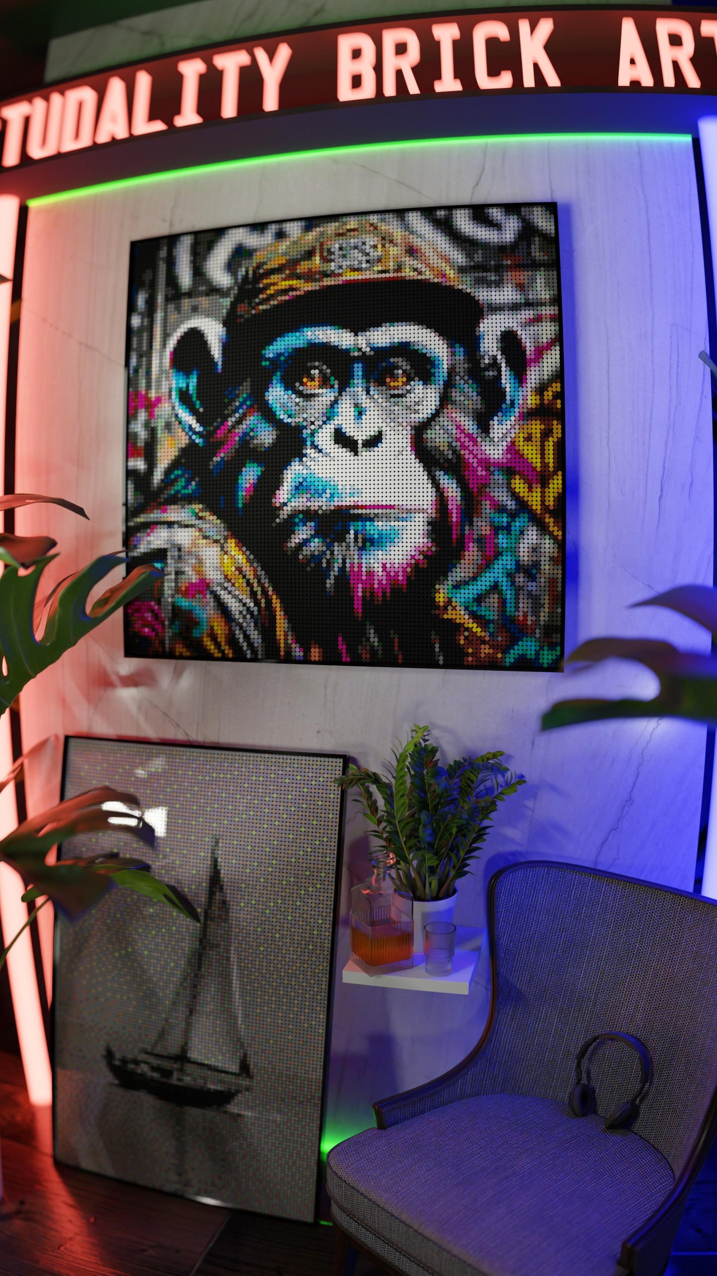 Ape Hop Movement LEGO® Style mosaic wall art made from colorful plastic bricks