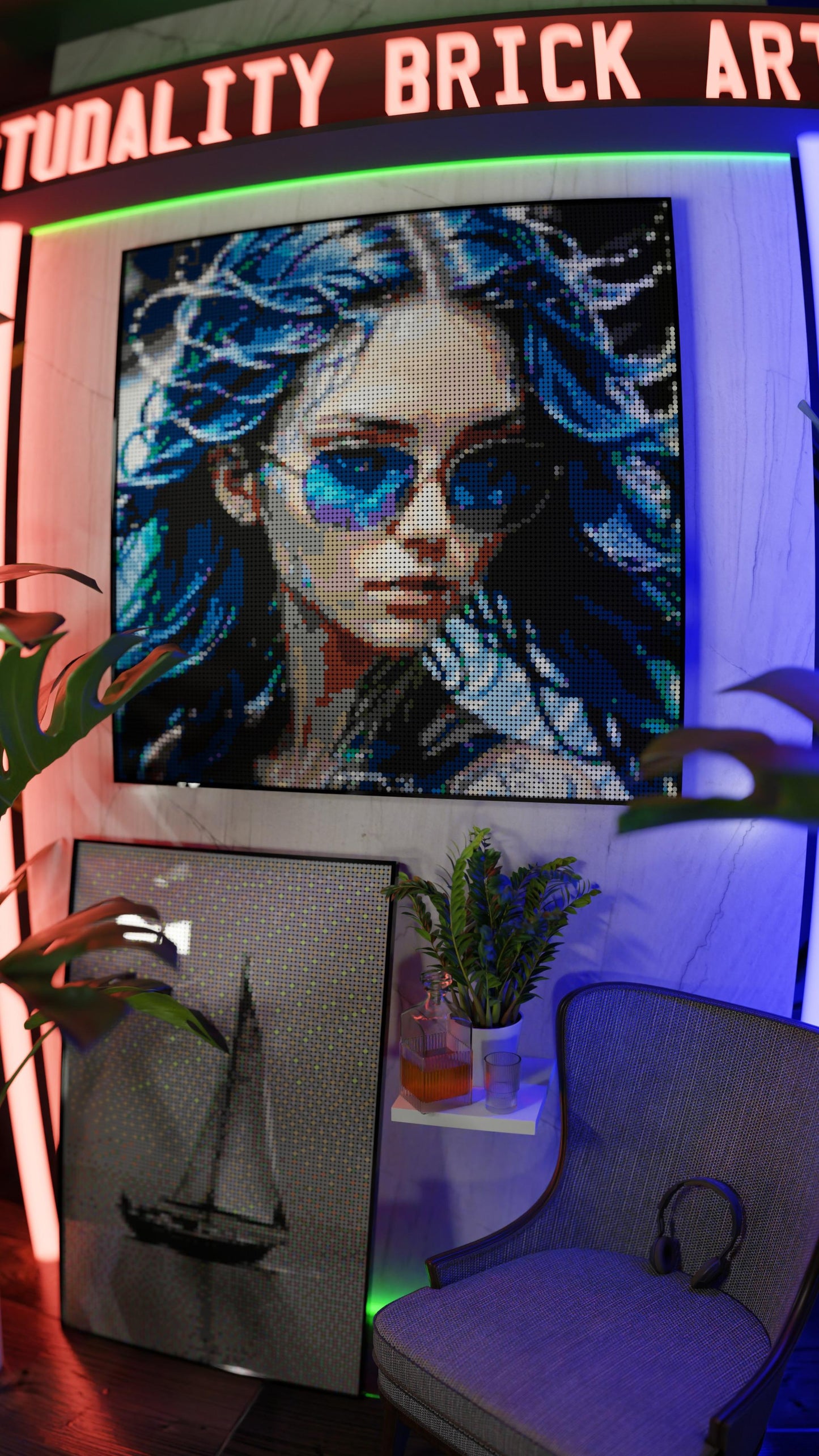 Aqua Enchantress LEGO® Style mosaic wall art made from colorful plastic bricks