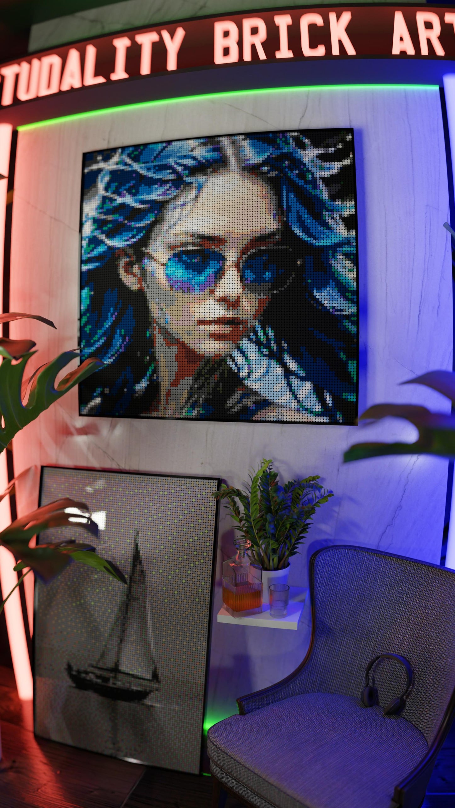 Aqua Enchantress LEGO® Style mosaic wall art made from colorful plastic bricks