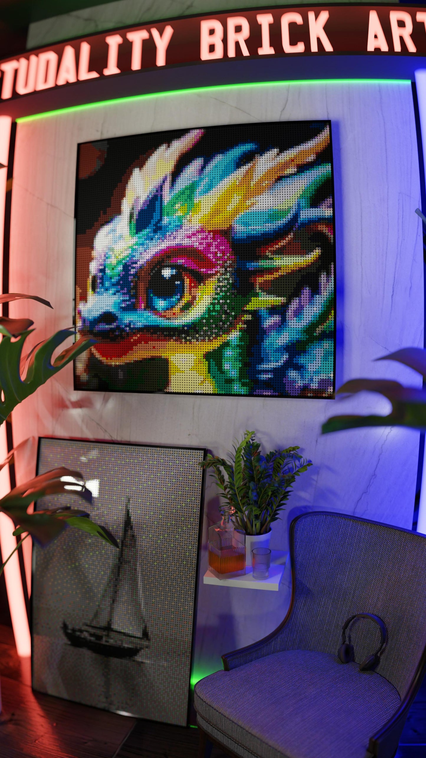Neon Hatchling LEGO® Style mosaic pixel art design for display