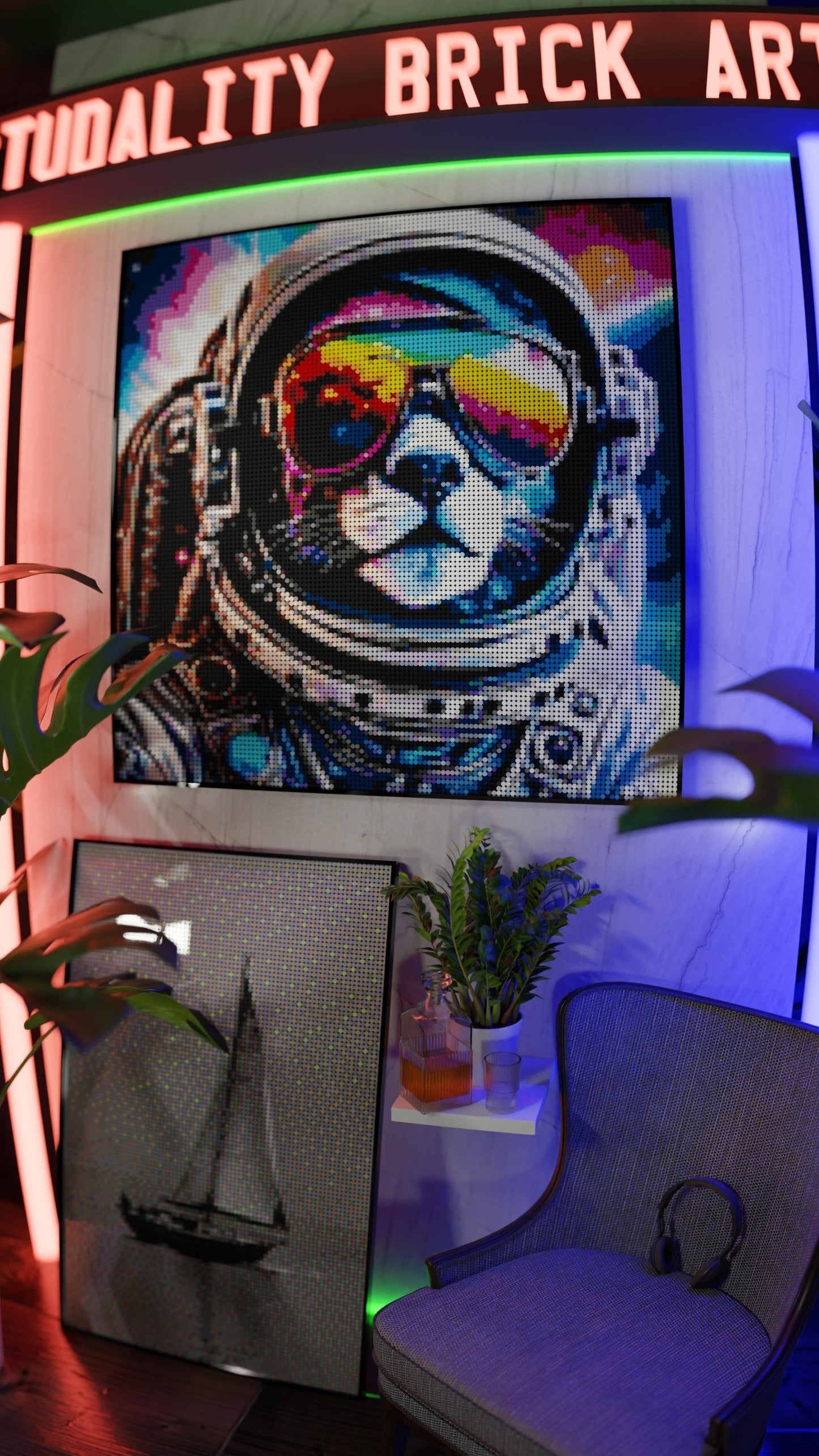 Purrsuit of Space LEGO® Style mosaic pixel art design for display