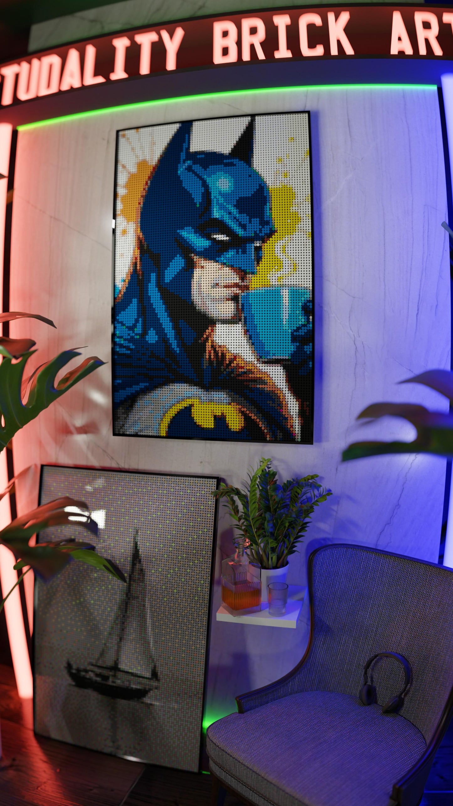 Batman LEGO® Style mosaic wall art made from colorful plastic bricks