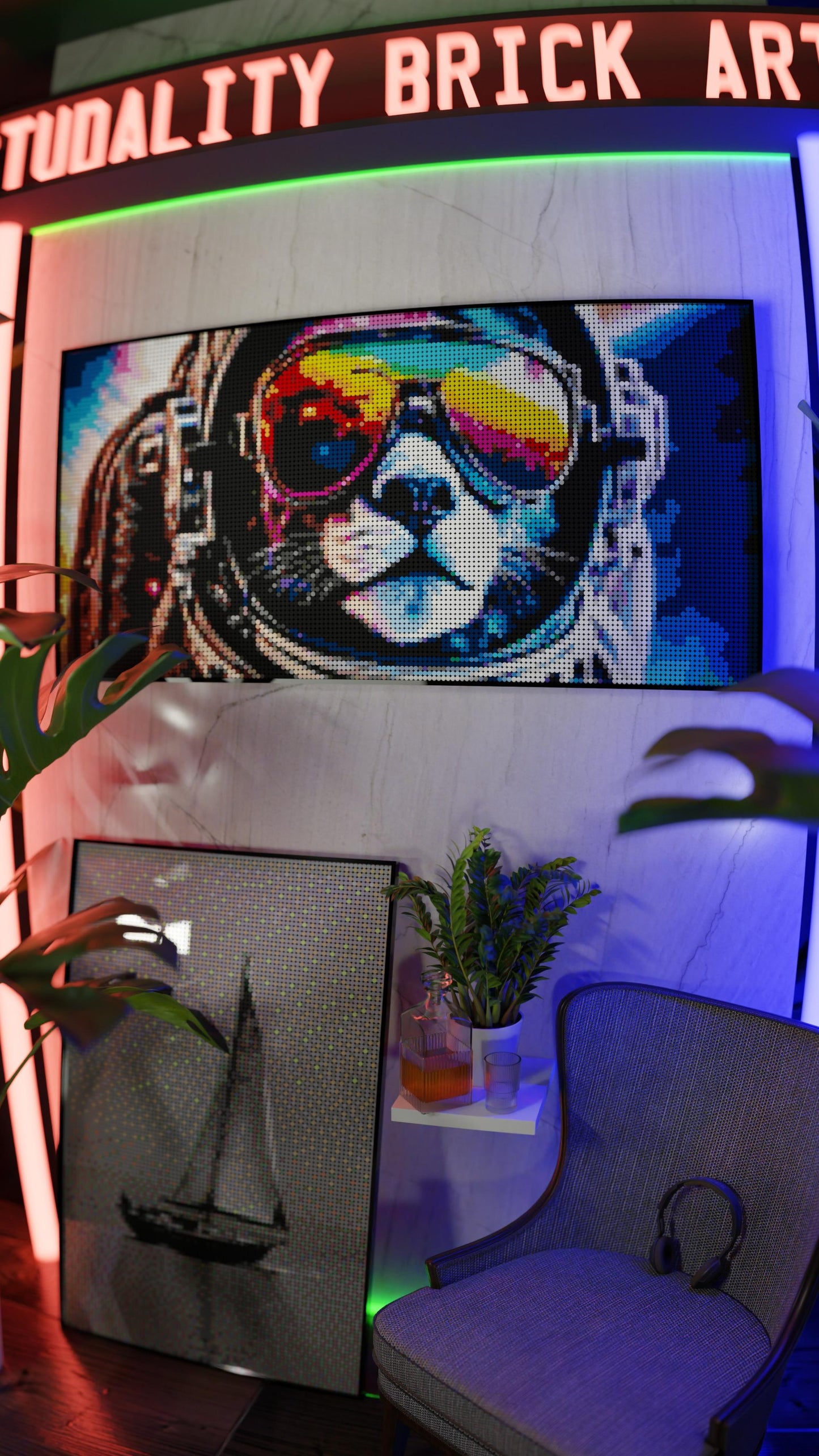 Purrsuit of Space LEGO® Style mosaic wall art made from colorful plastic bricks